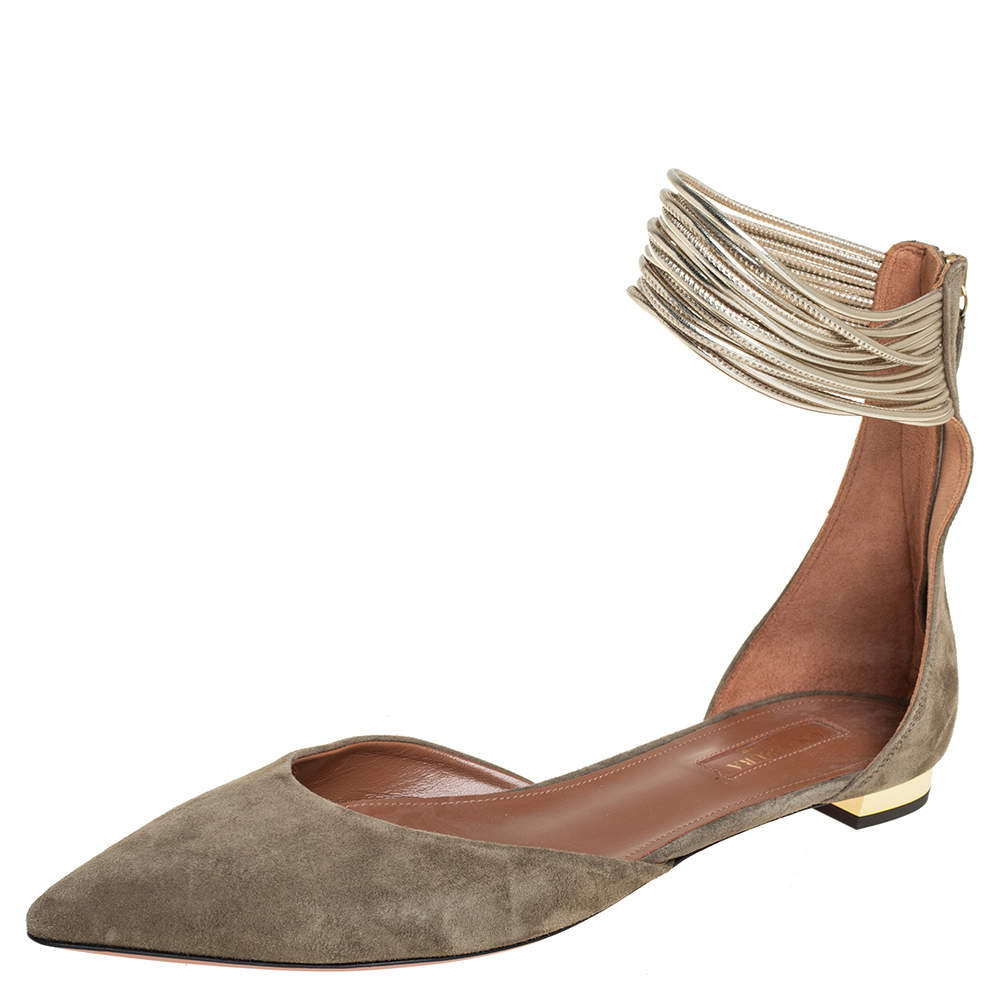 Pre Owned Aquazzura Olive Green Suede Hello Lover Flat Ankle Wrap Sandals Size 39