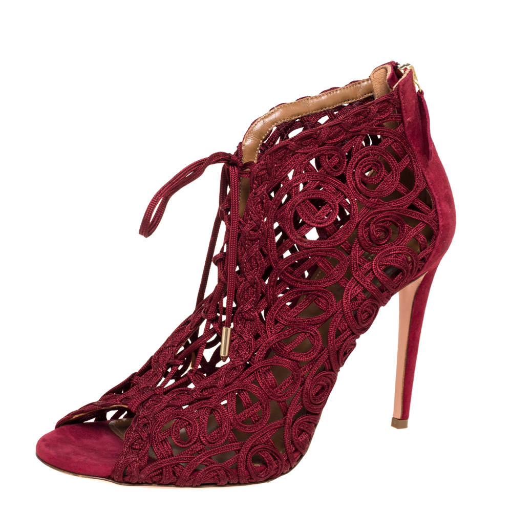 Pre Owned Aquazzura Burgundy Suede And Lace Cut Out Open Toe Booties Size 41