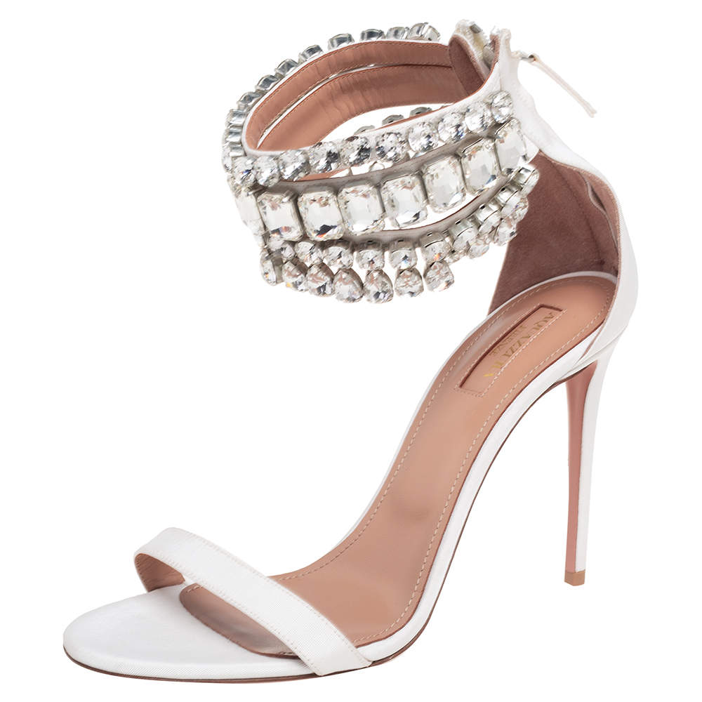 Pre Owned Aquazzura White Canvas Embellished  Ankle Wrap Sandals Size 39