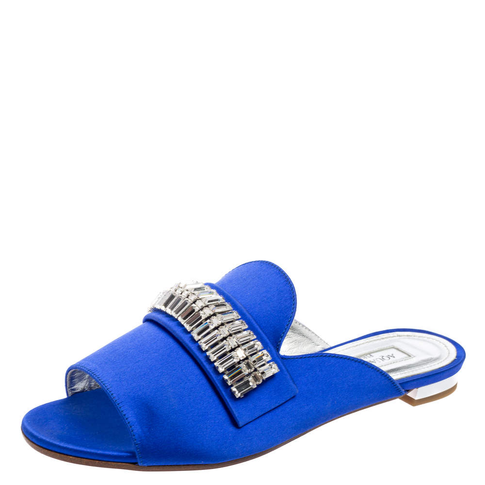 Pre Owned Aquazzura Blue Satin Crystal Mule Flat Sandals Size 35