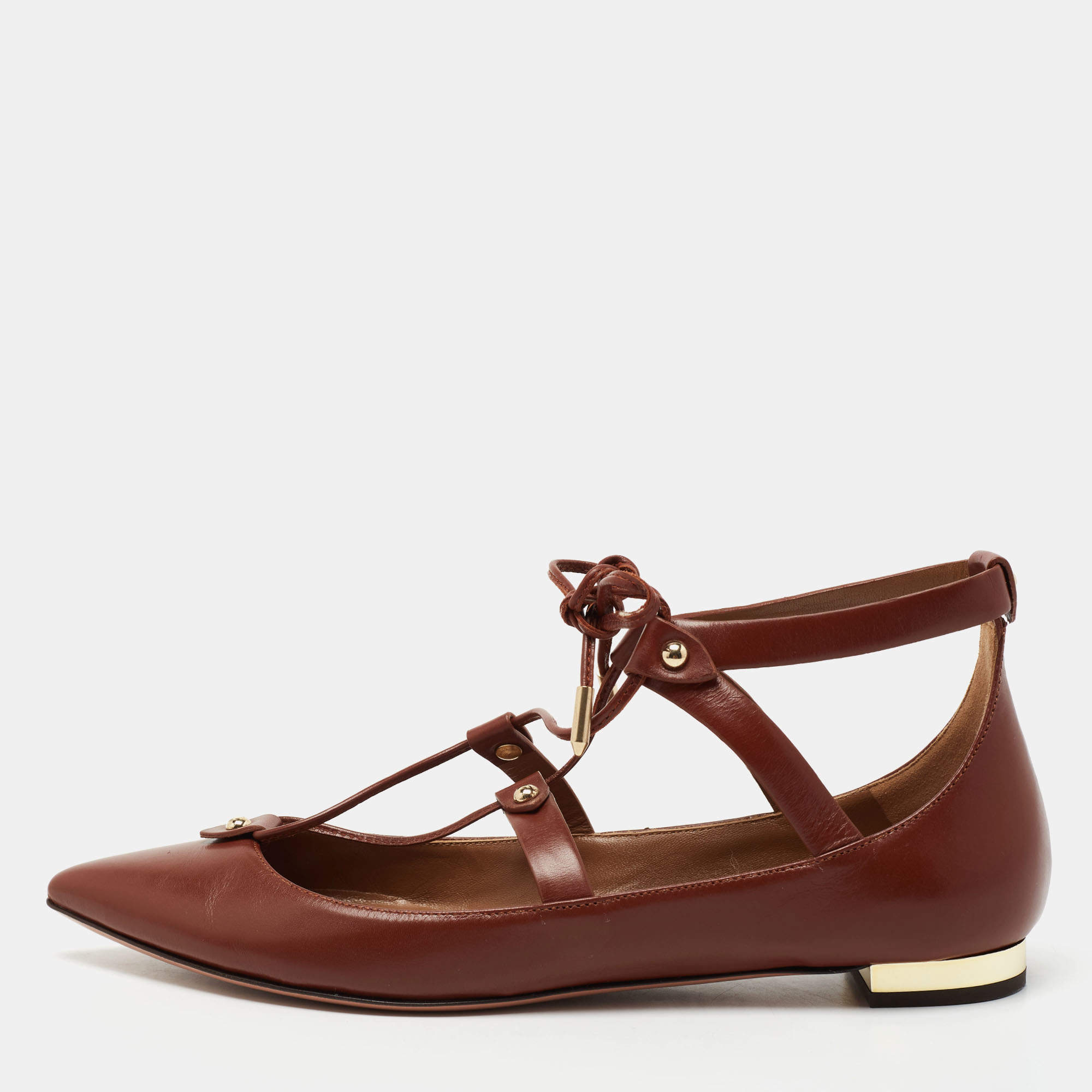 Pre Owned Aquazzura Brown Leather Ankle Tie Ballet Flats Size 36