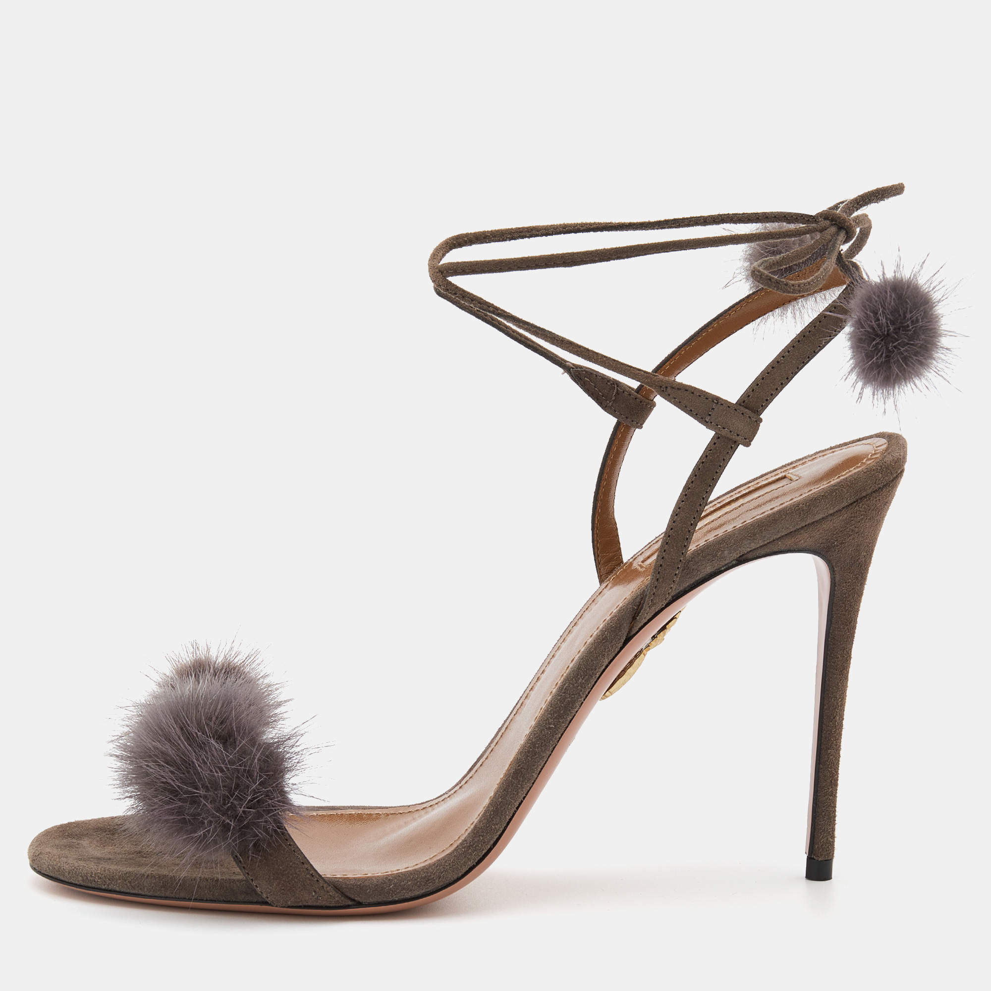 Pre Owned Aquazzura Grey Mink Fur and Suede Wild Russian Ankle Wrap Sandals Size 42