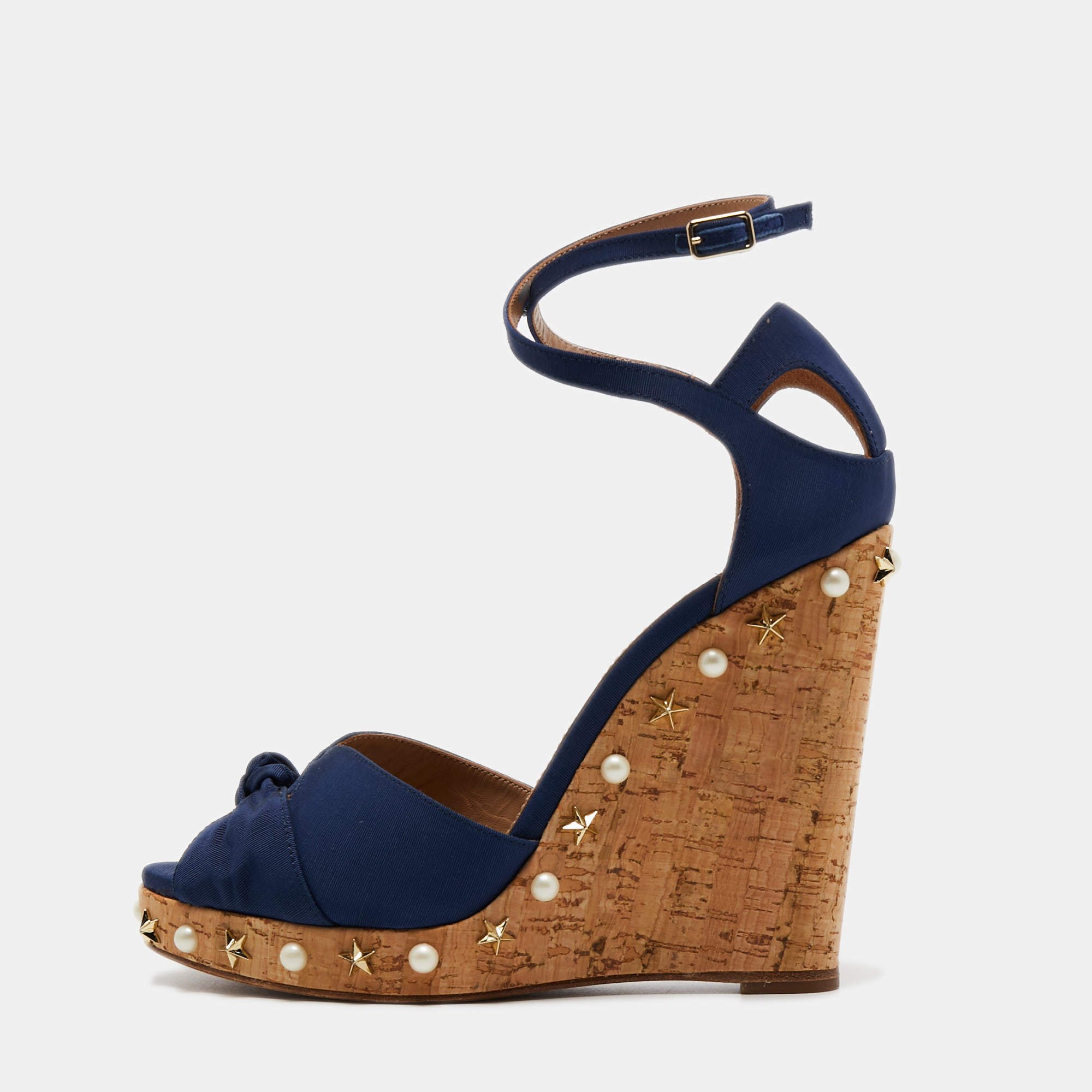 Pre Owned Aquazzura Blue Canvas Wedges Sandals Size 39