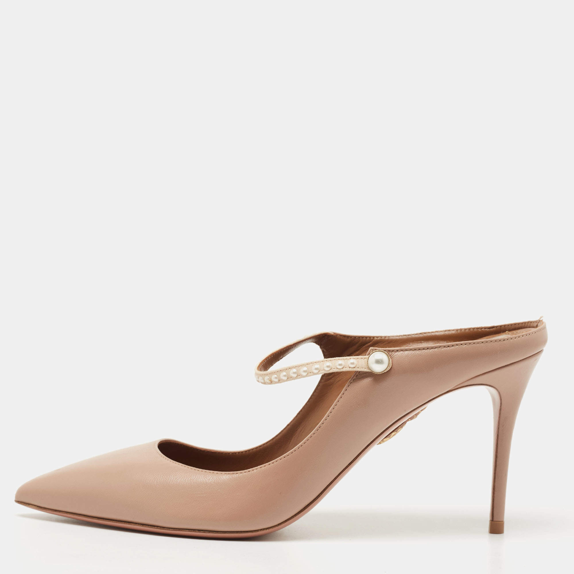 Pre Owned Aquazzura Pink Leather Nolita Pearl Mules Size 39.5