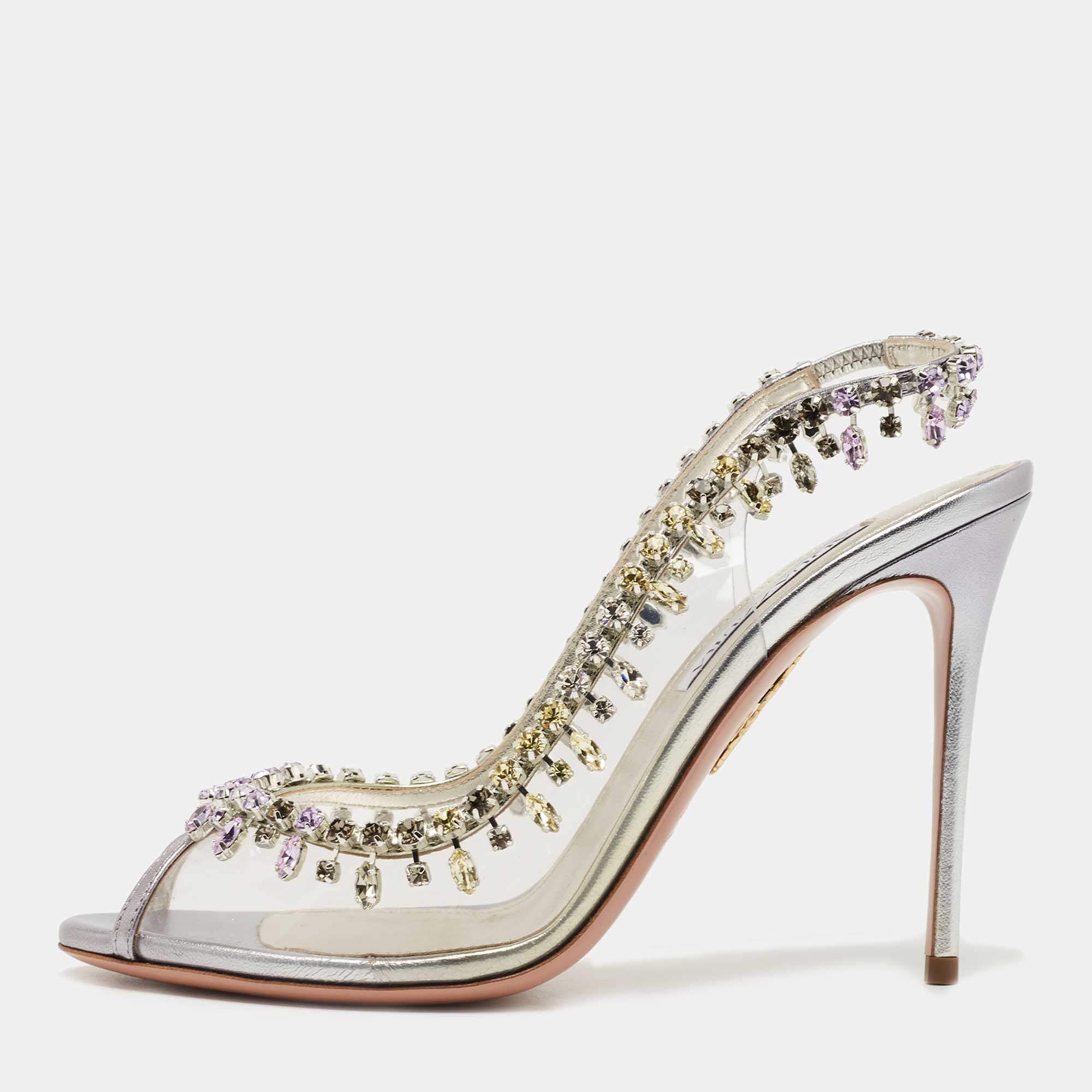 Pre Owned Aquazzura Transparent/Silver Leather and PVC Temptation Slingback Pumps Size 39