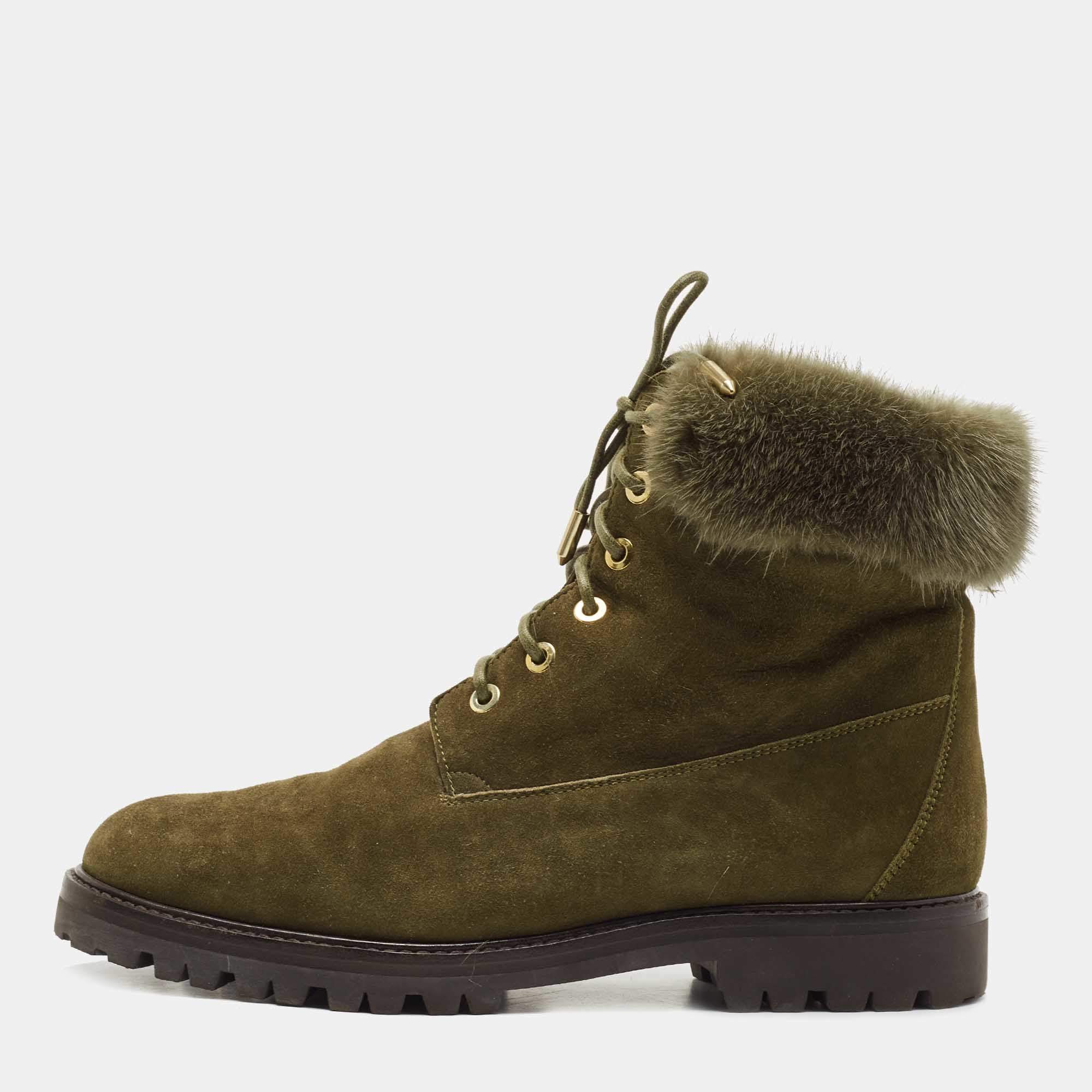 Pre Owned Aquazzura Olive Green Suede and Fur Ankle Boots Size 38
