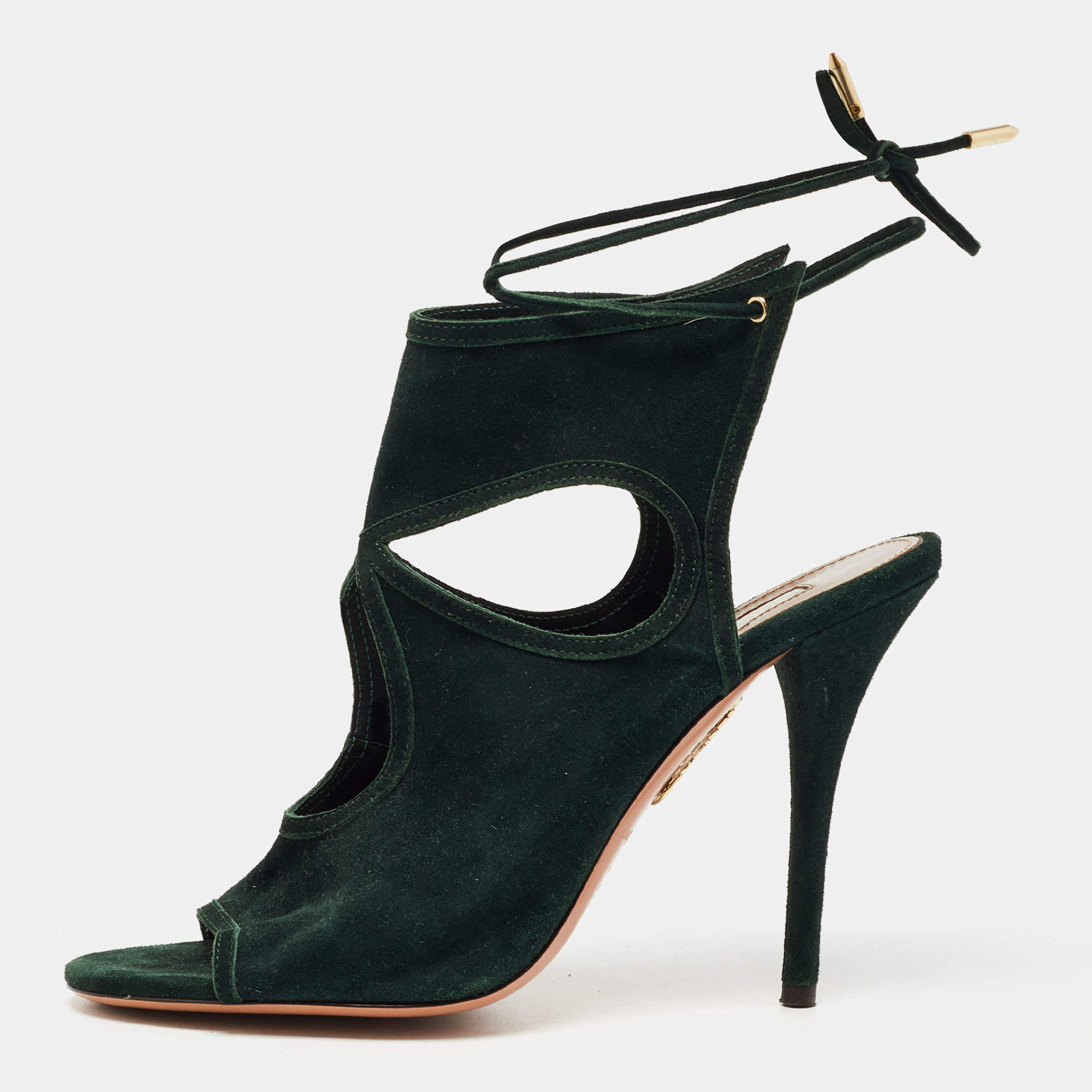 Pre Owned Aquazzura Dark Green Suede Ankle Strap Sandals Size 38