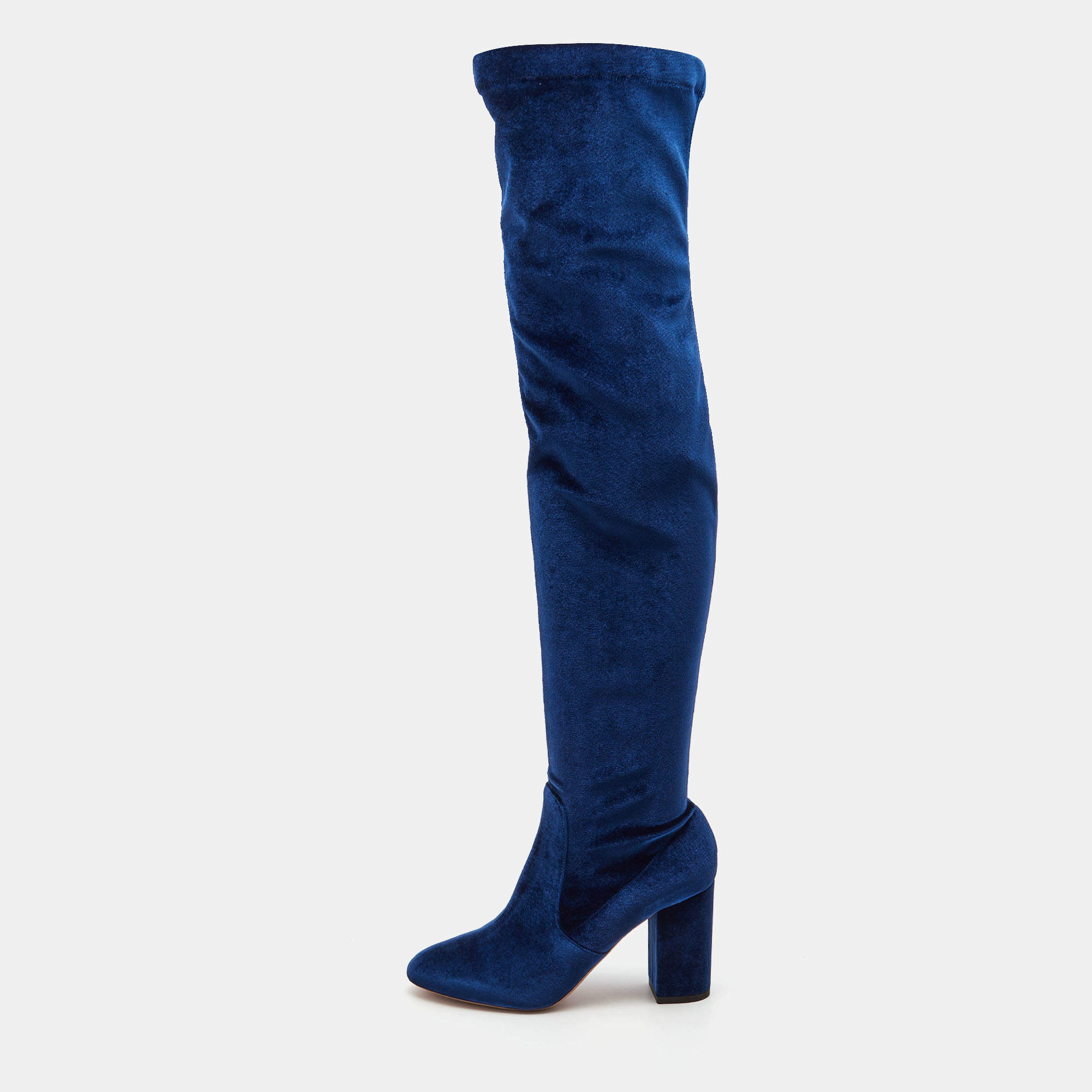Pre Owned Aquazzura Blue Velvet So Me Knee High Boots Size 39