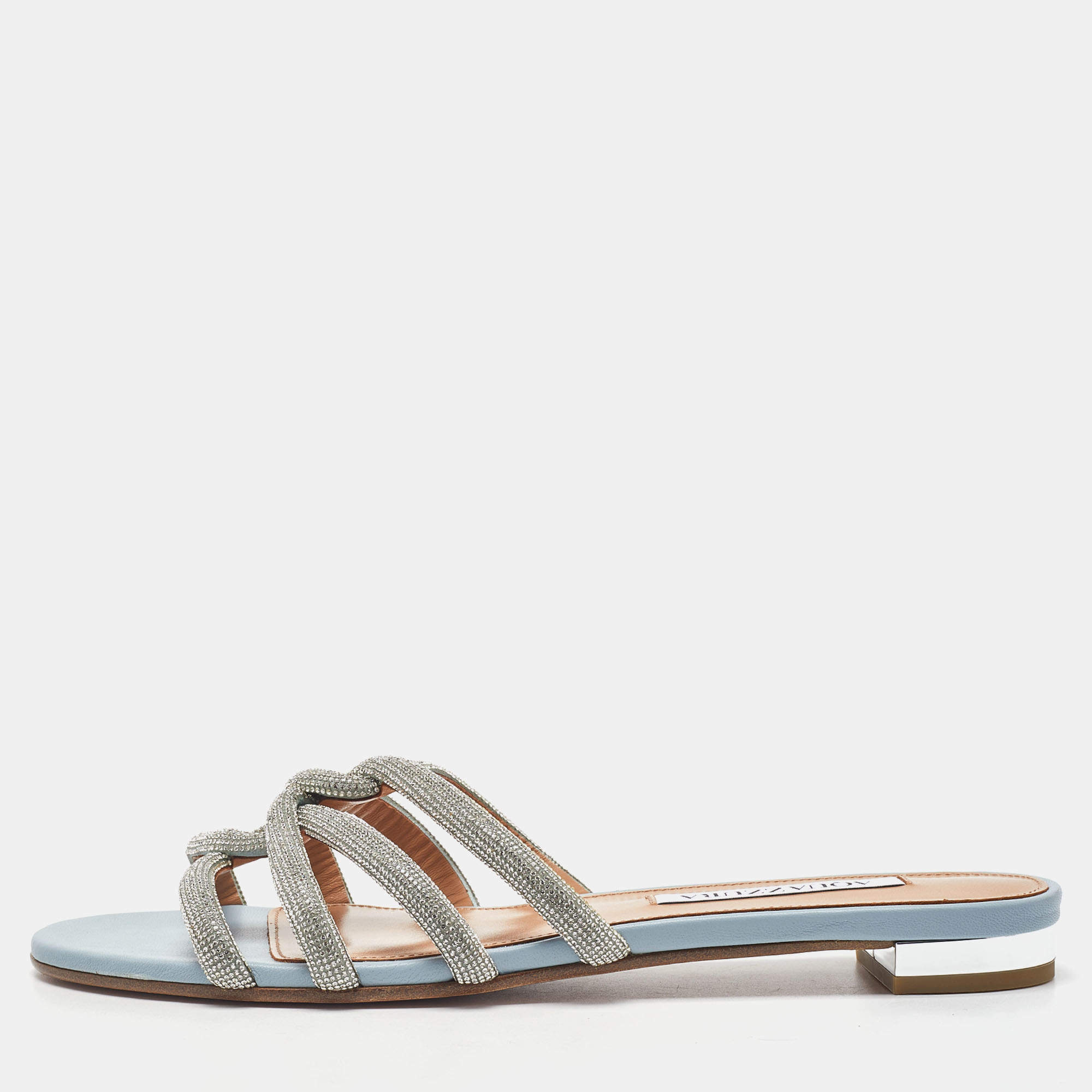 Pre Owned Aquazzura Blue Leather Crystal Embellished Moondust Flat Slides Size 38.5