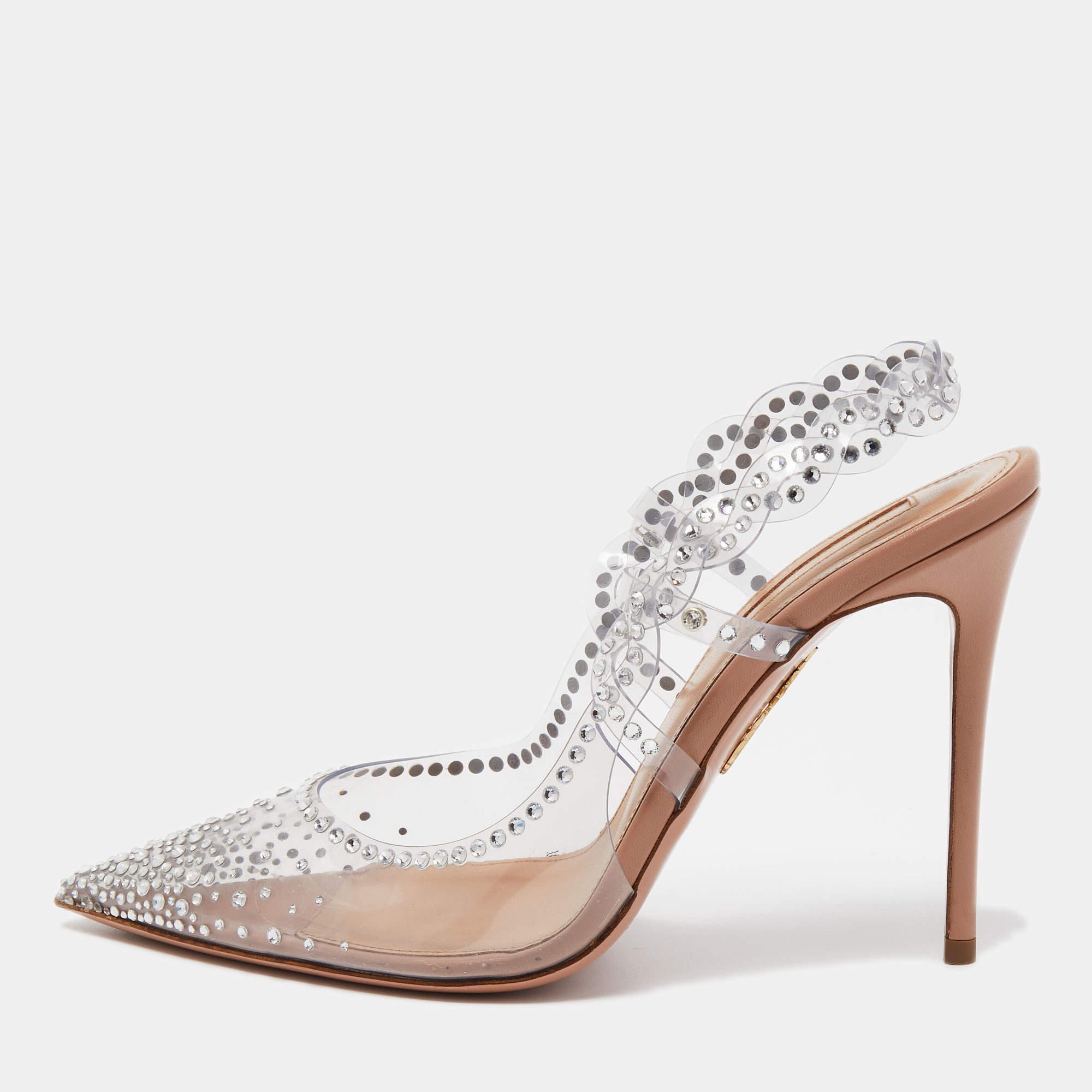 Pre Owned Aquazzura Transparent Crystal Embellished PVC Heaven Slingback Pumps Size 38.5