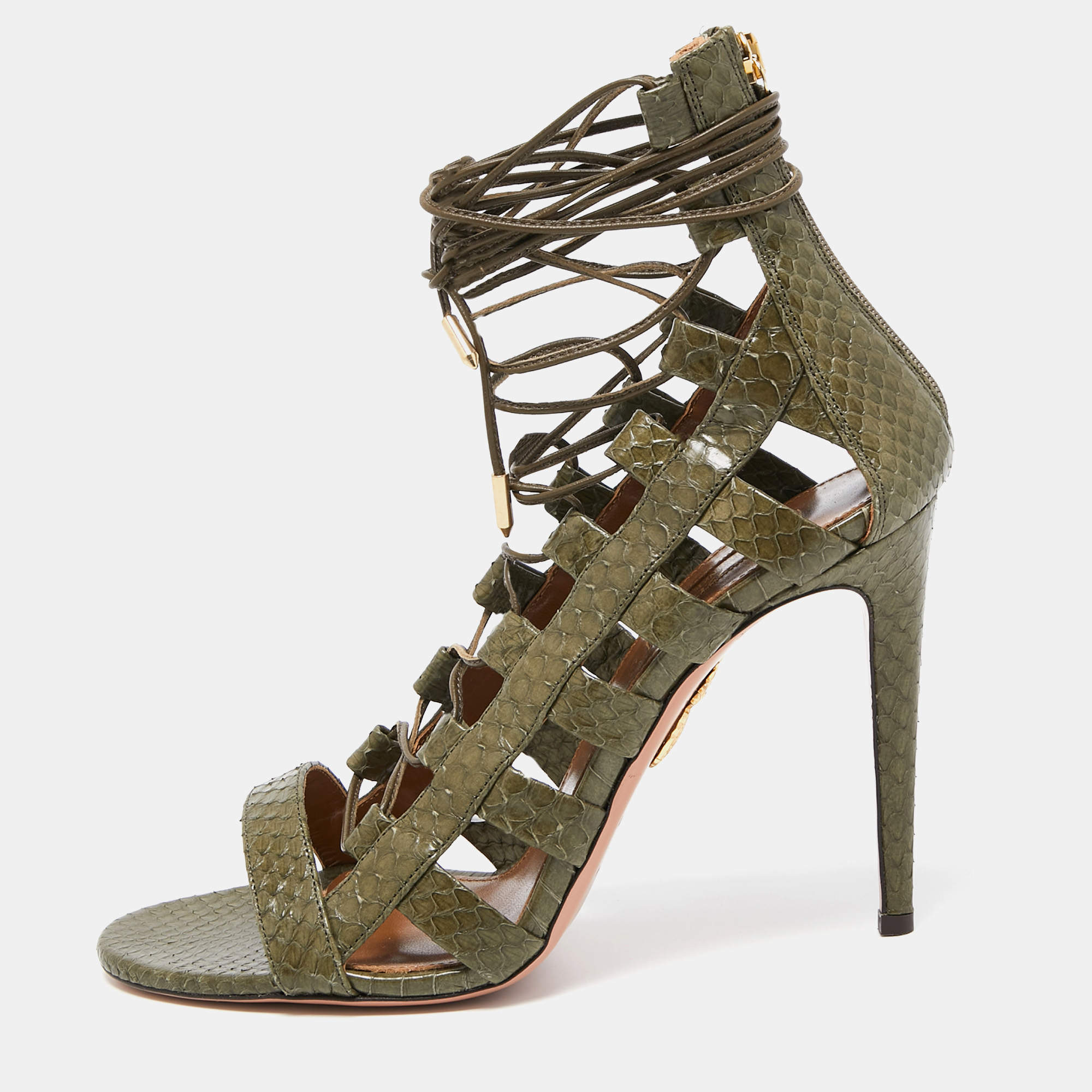 Aquazzura Green Python Amazon Lace Up Open Toe Sandals Size 41