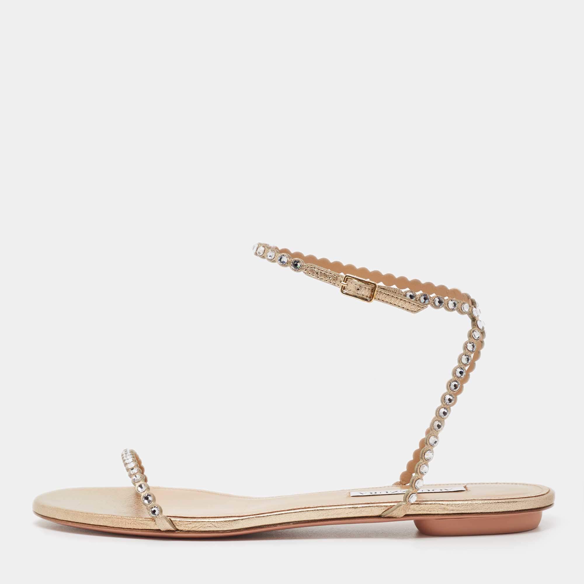 Pre Owned Aquazzura Gold Crystal Embellished Leather Mini Tequila Flat Sandals Size 40