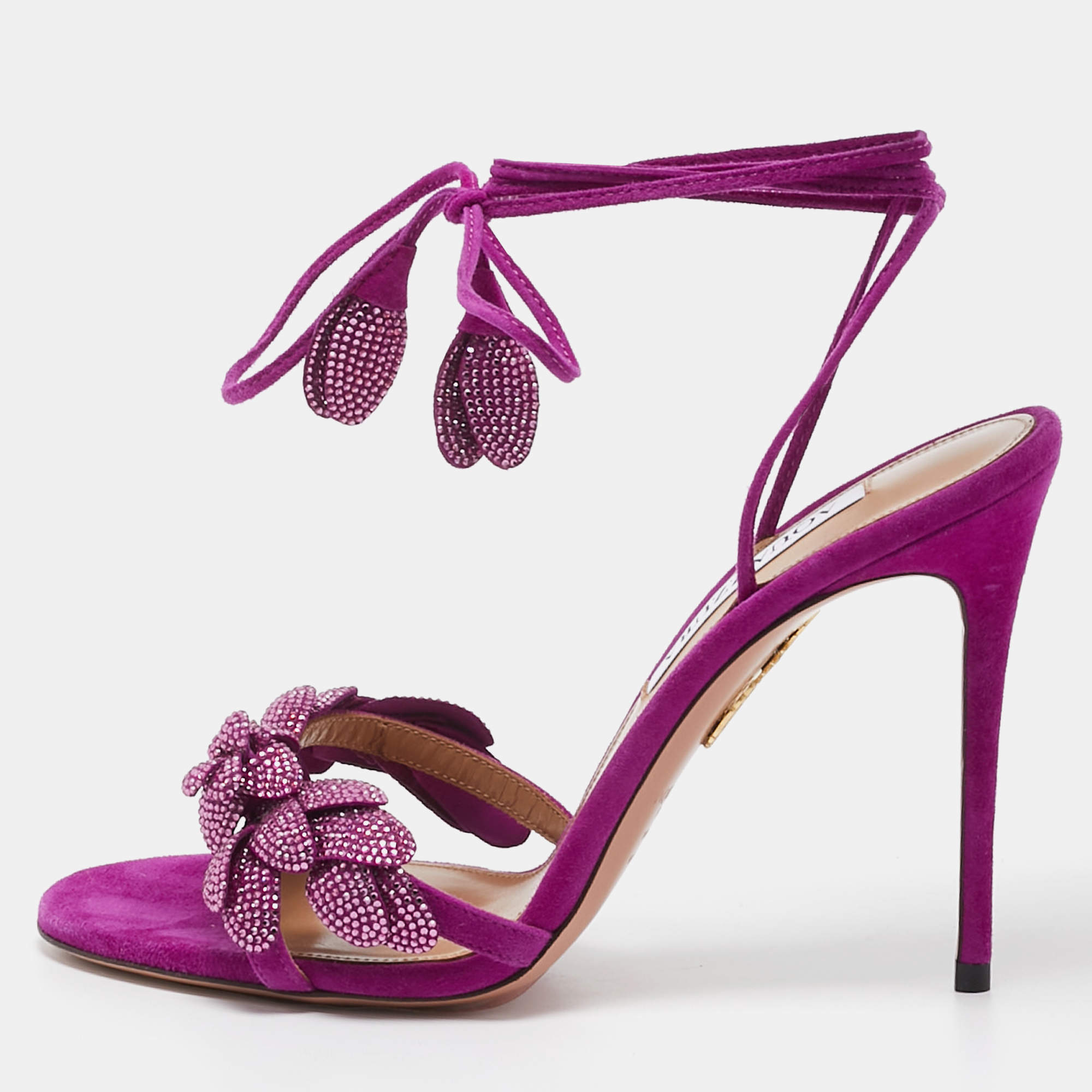 Pre Owned Aquazzura Purple Suede Monaco Embellished Ankle Wrap Sandals Size 38.5