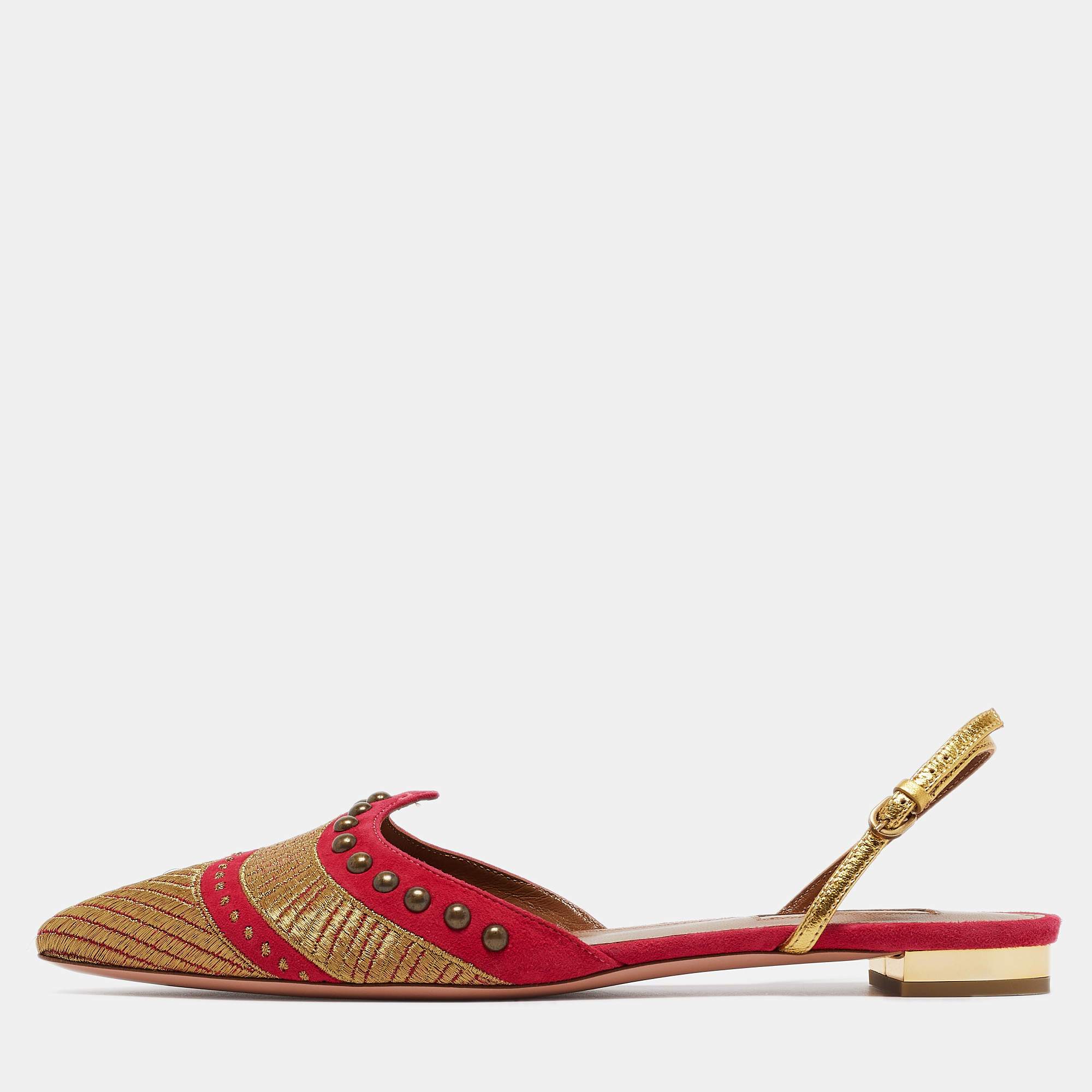 Aquazzura Pink/Gold Suede and Leather Marrakech Slingback Flats Size 38