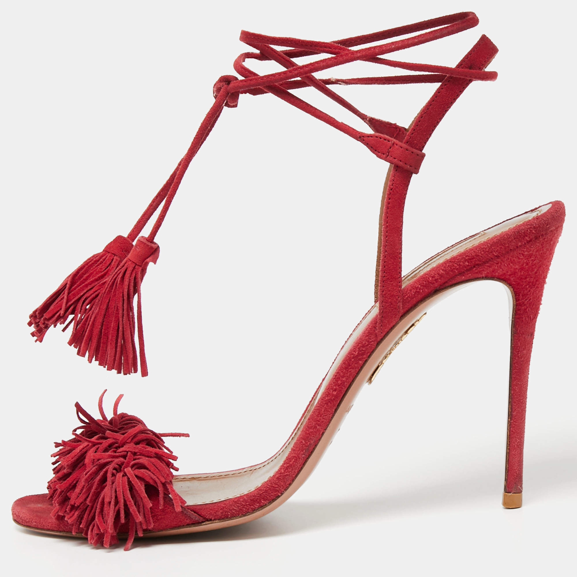 Pre Owned Aquazzura Red Fringed Suede Wild Thing Ankle Tie Sandals Size 38