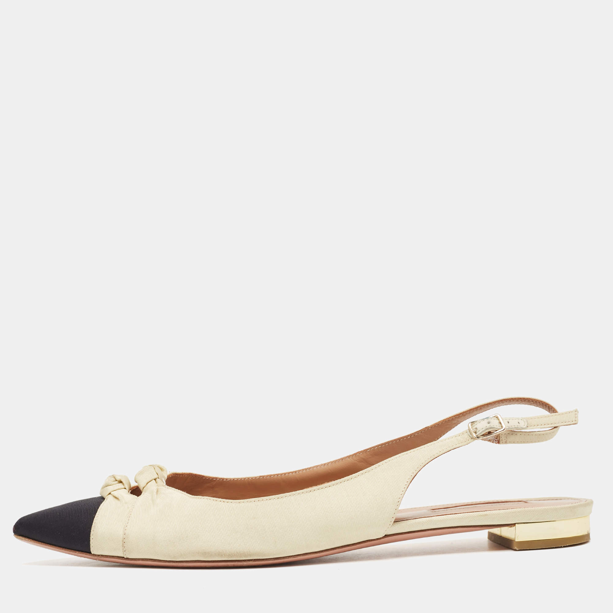 Pre Owned Aquazzura Beige/Black Knotted Fabric Slingback Flats Size 39.5