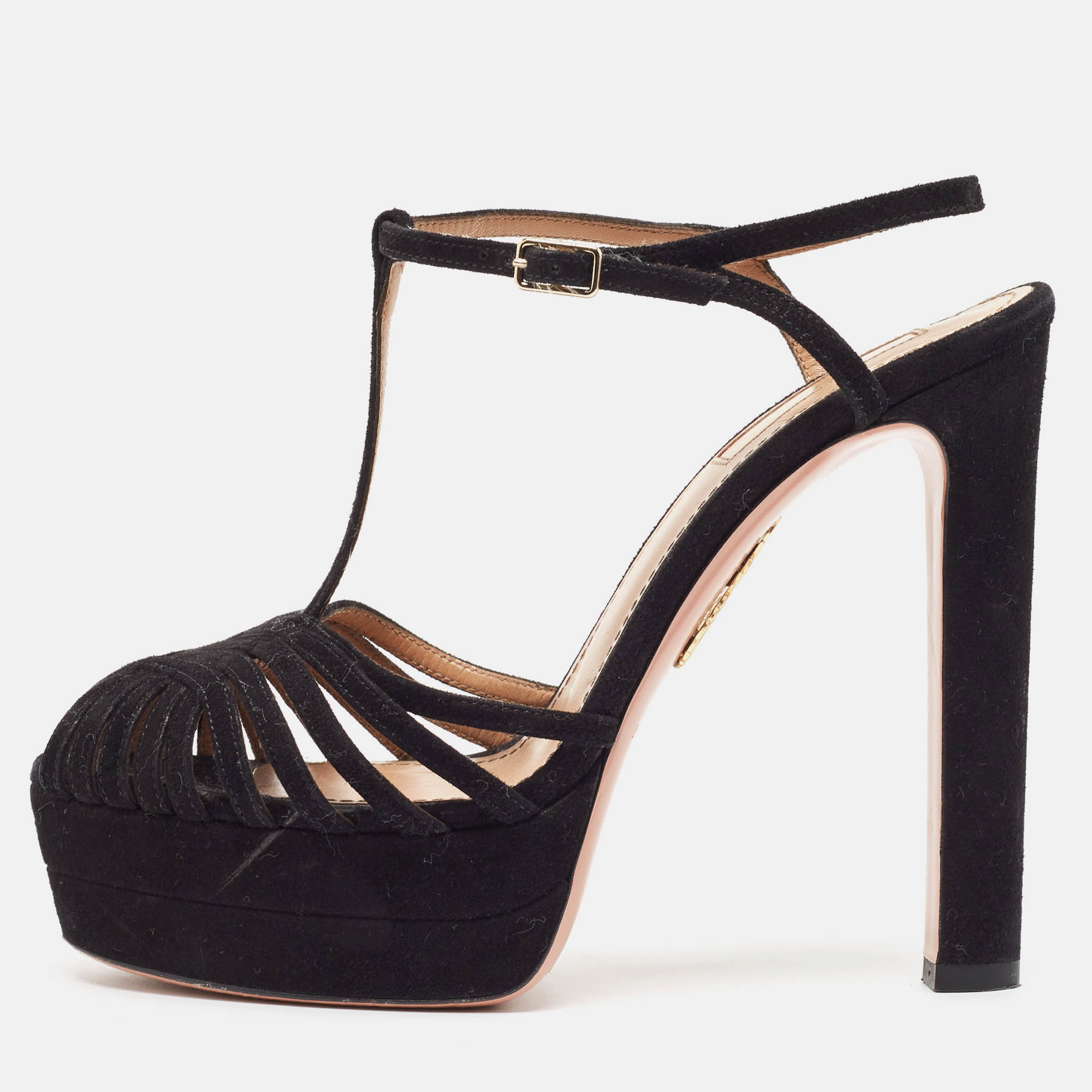 Pre Owned Aquazzura Black Suede T-Strap Platform Sandals Size 37