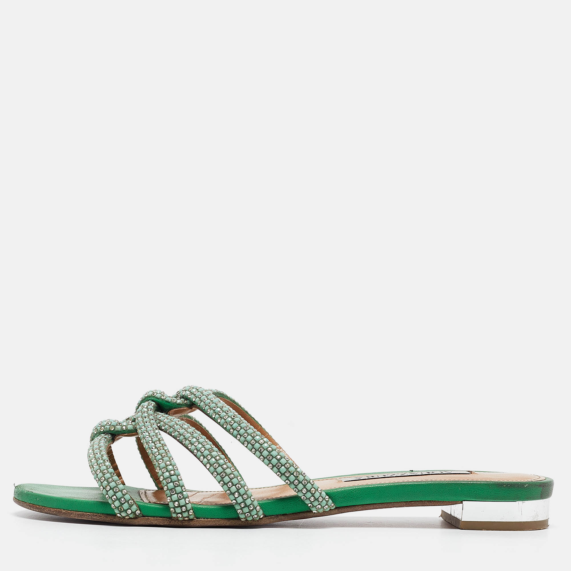 Pre Owned Aquazzura Green Crystal Embellished Leather Moondust Flat Slides Size 38