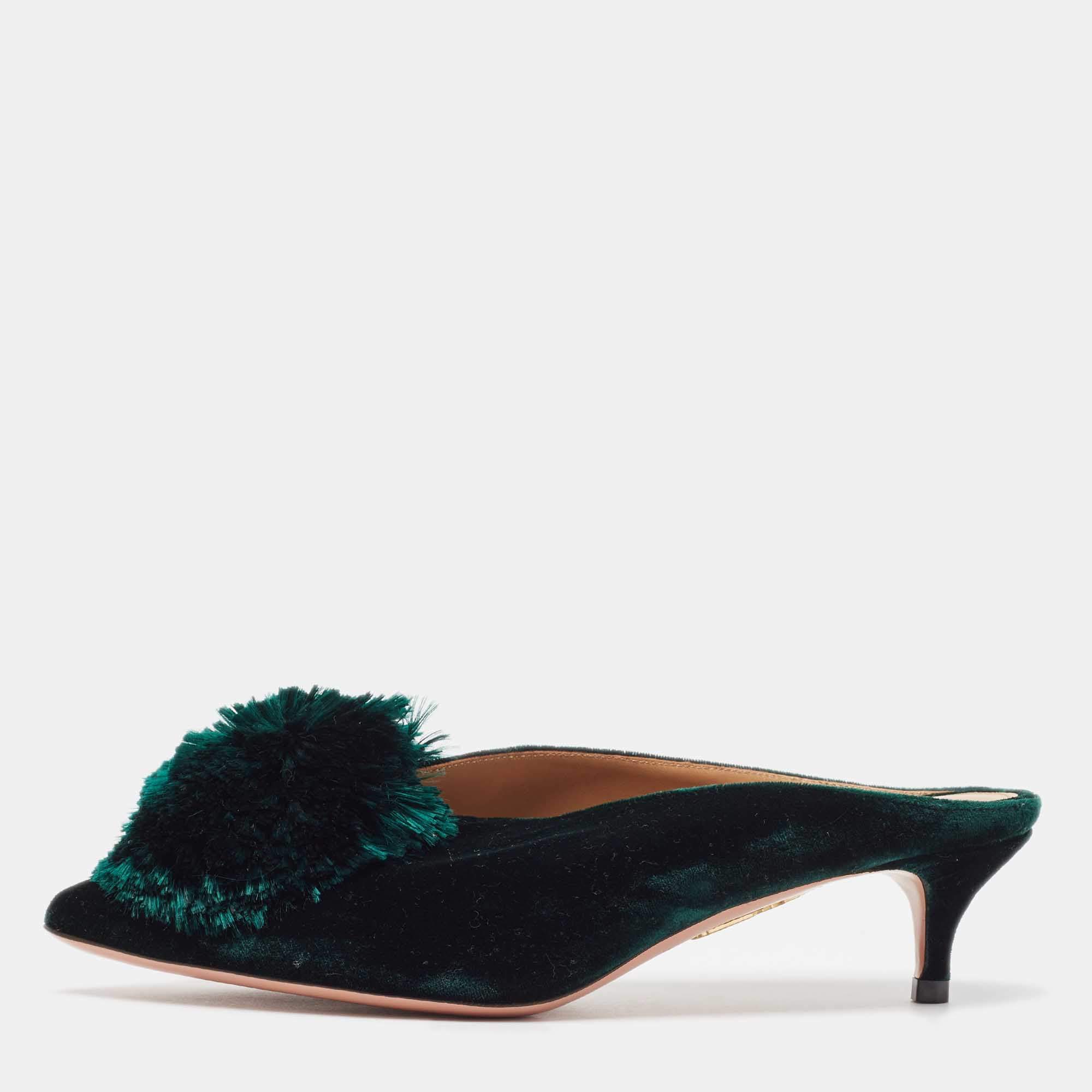 Pre Owned Aquazzura Green Velvet Powder Puff 45 Pompom-Embellished Mules Size 36.5