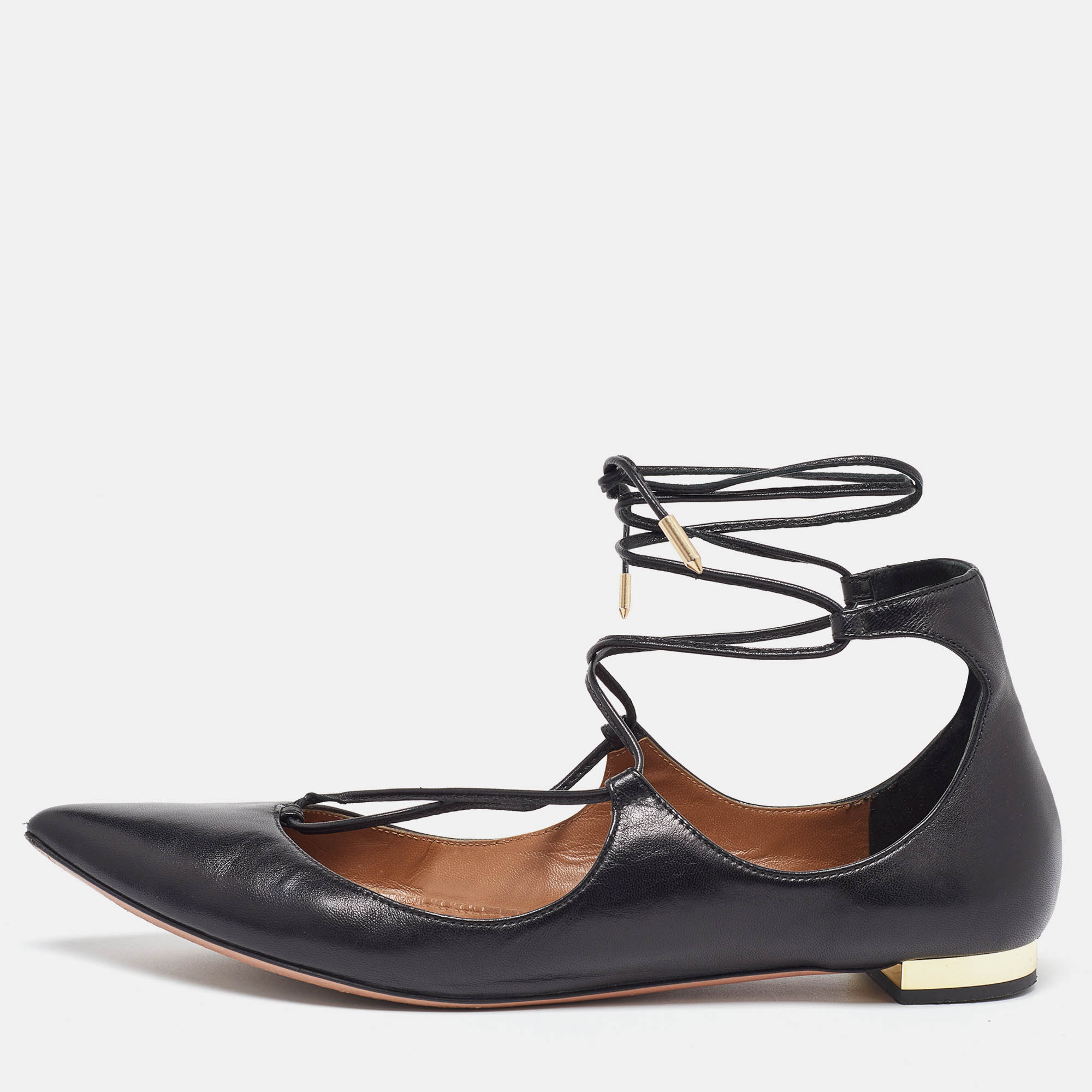 Pre Owned Aquazzura Black Leather Christy Flat Sandals Size 39