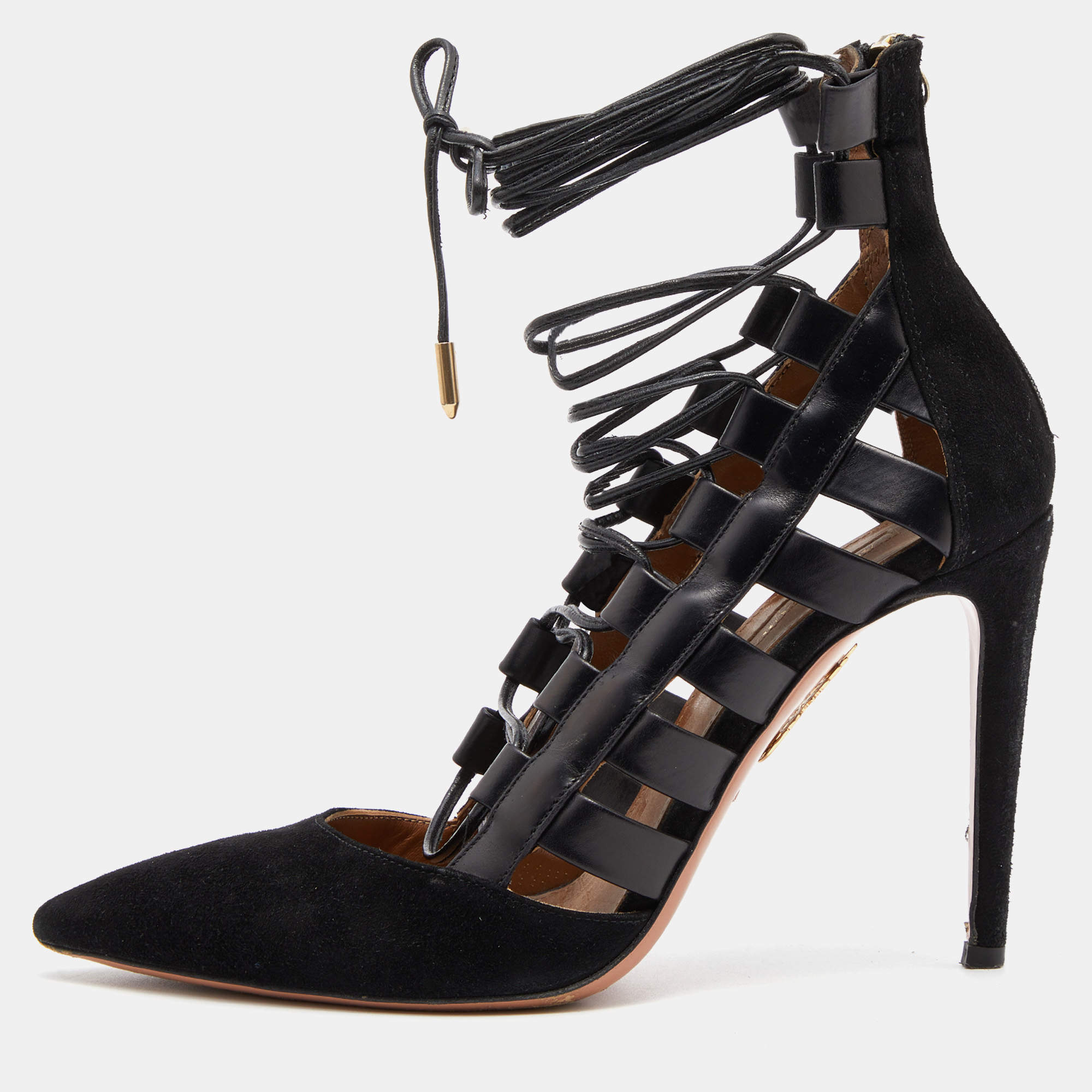 Aquazzura Black Suede and Leather Amazon Ankle Wrap Pumps Size 38
