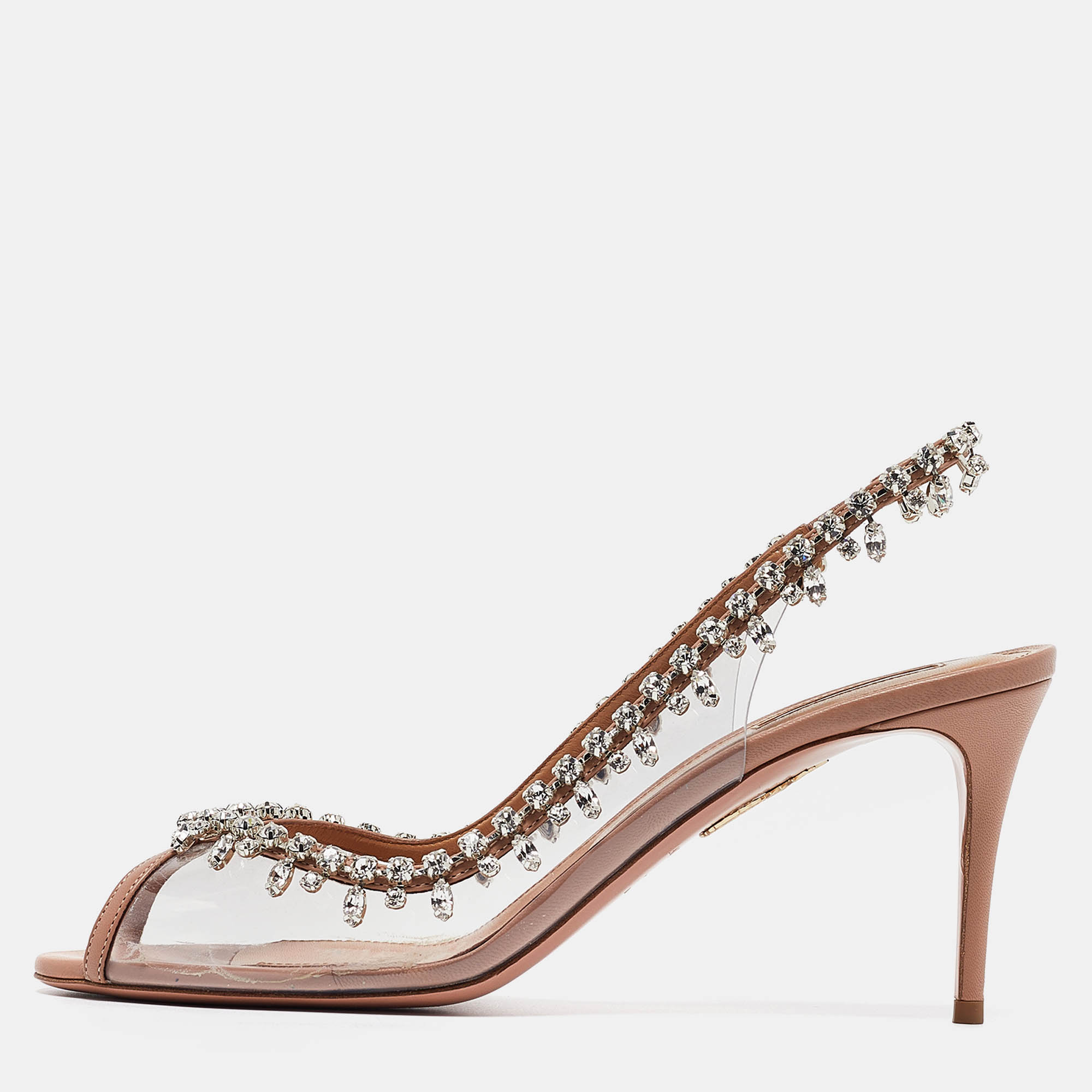 Pre Owned Aquazzura Beige Leather and PVC Temptation Slingback Sandals Size 40.5