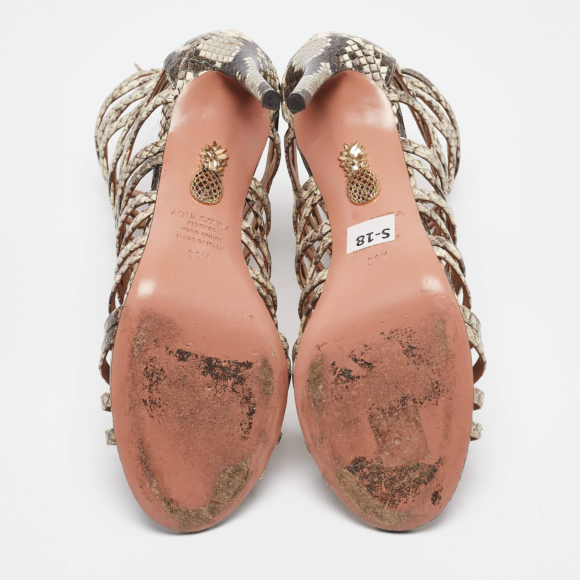 Pre Owned Aquazzura Beige Snakeskin Embossed Leather knockout Gladiator Sandals Size 36.5