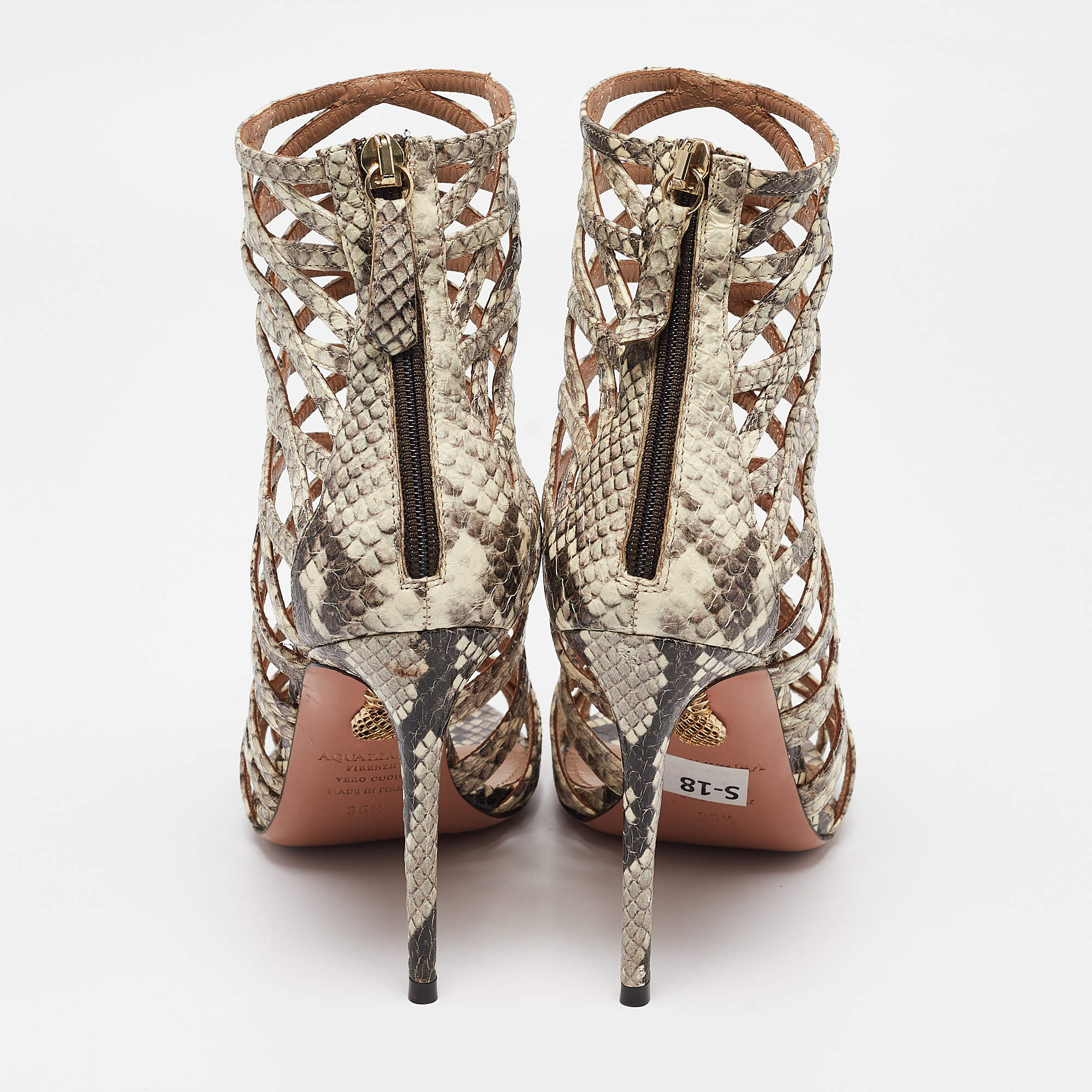 Pre Owned Aquazzura Beige Snakeskin Embossed Leather knockout Gladiator Sandals Size 36.5