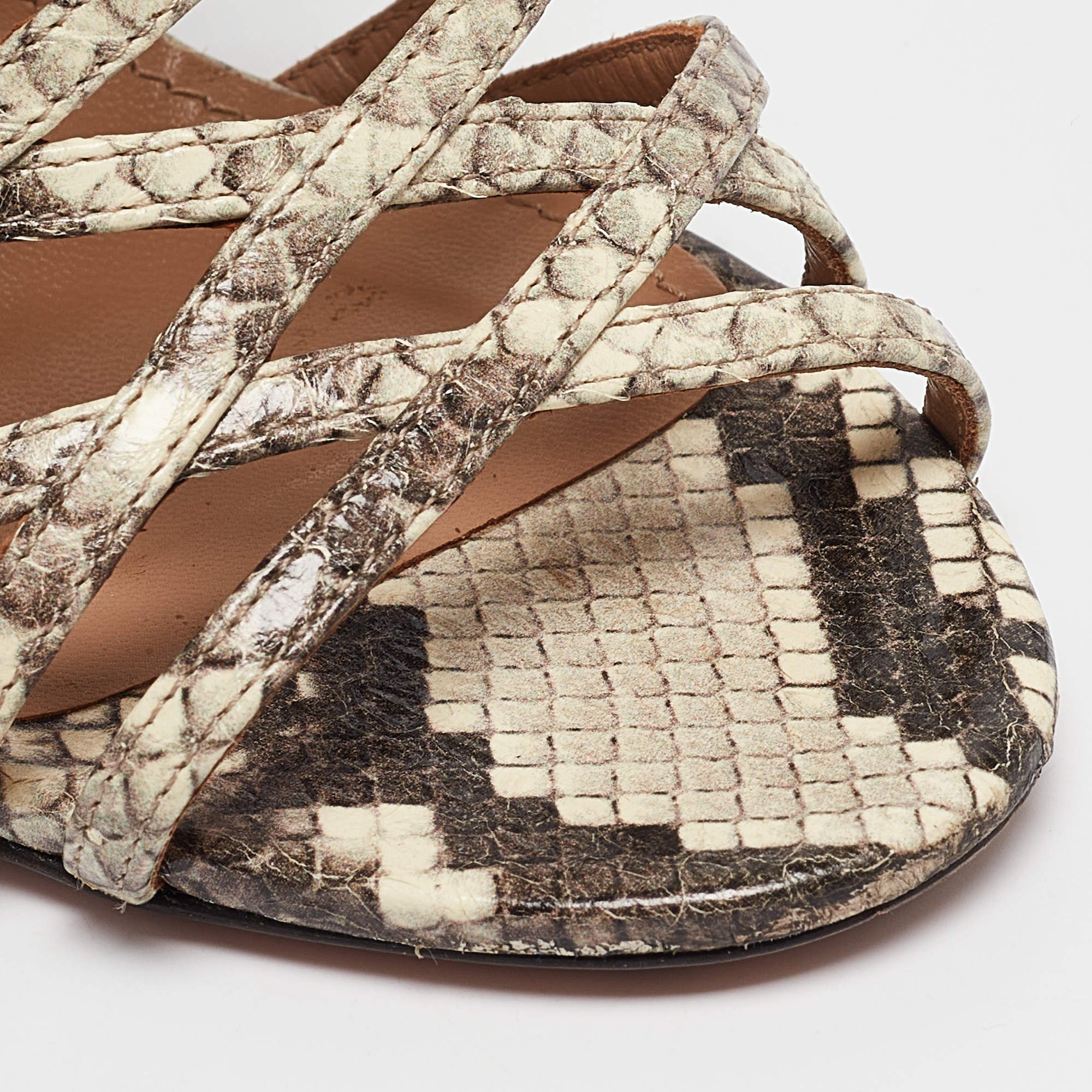 Pre Owned Aquazzura Beige Snakeskin Embossed Leather knockout Gladiator Sandals Size 36.5