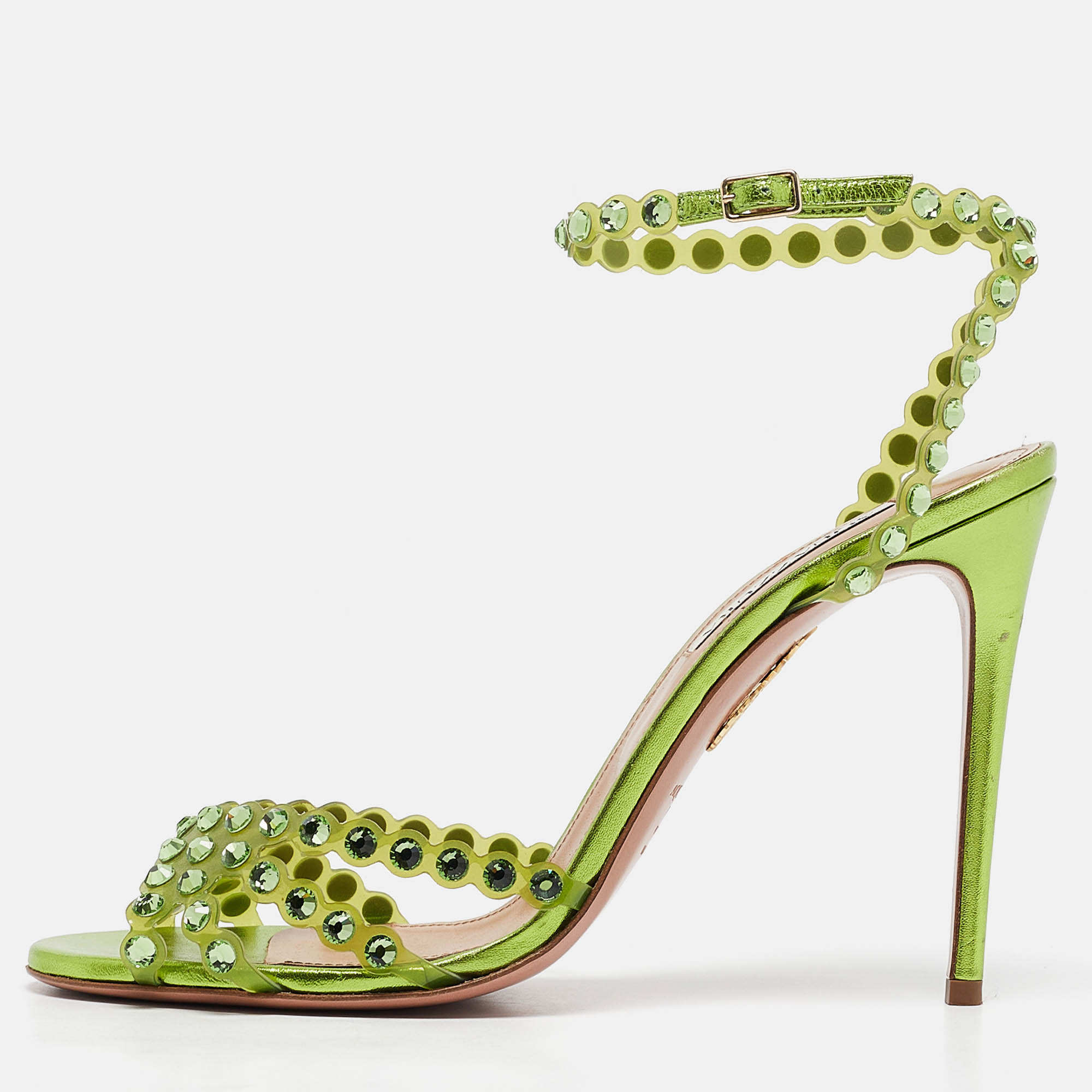 Pre Owned Aquazzura Green PVC Crystal Ankle Strap Sandals Size 41