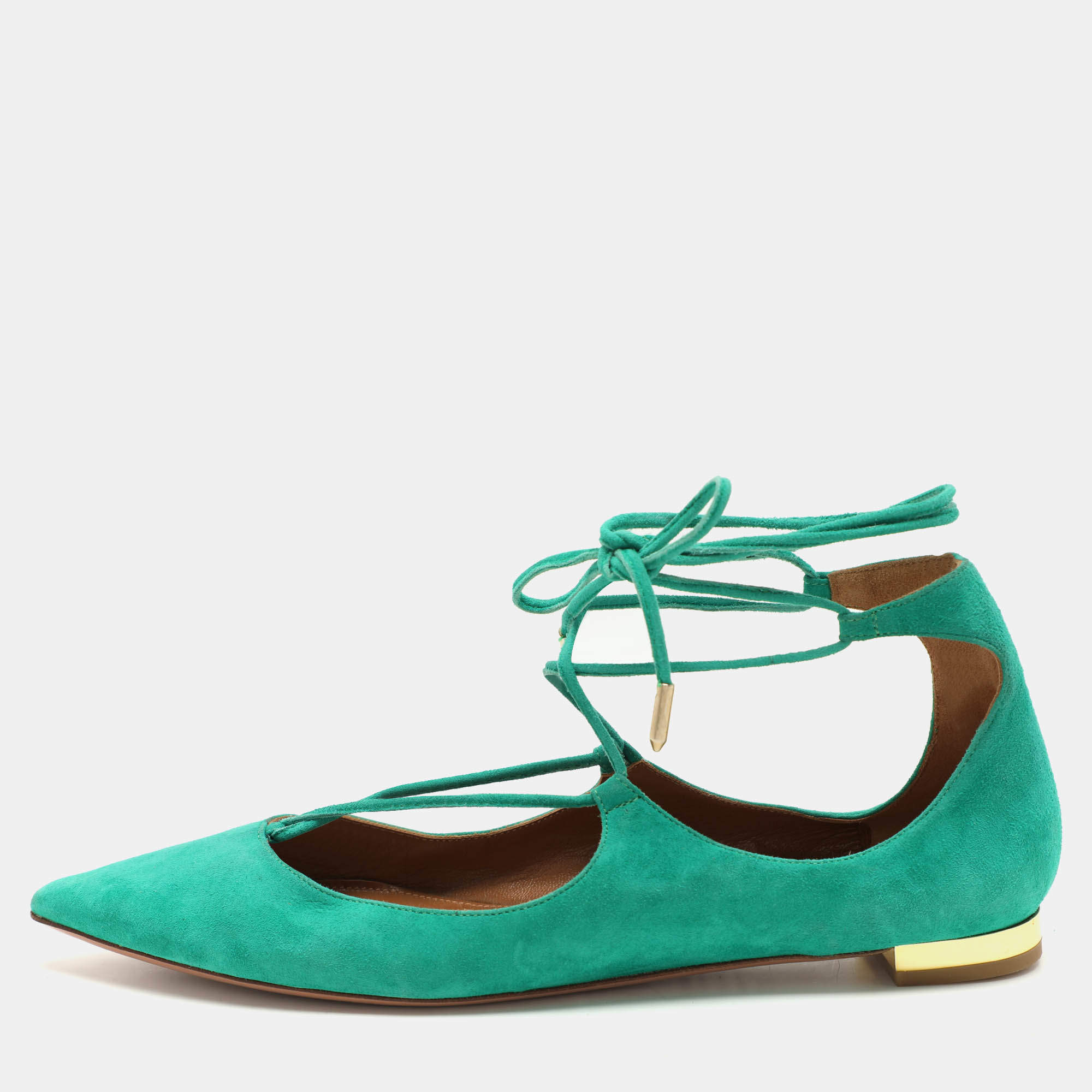 Aquazzura Green Suede Christy Ankle Wrap Flats Size 36.5