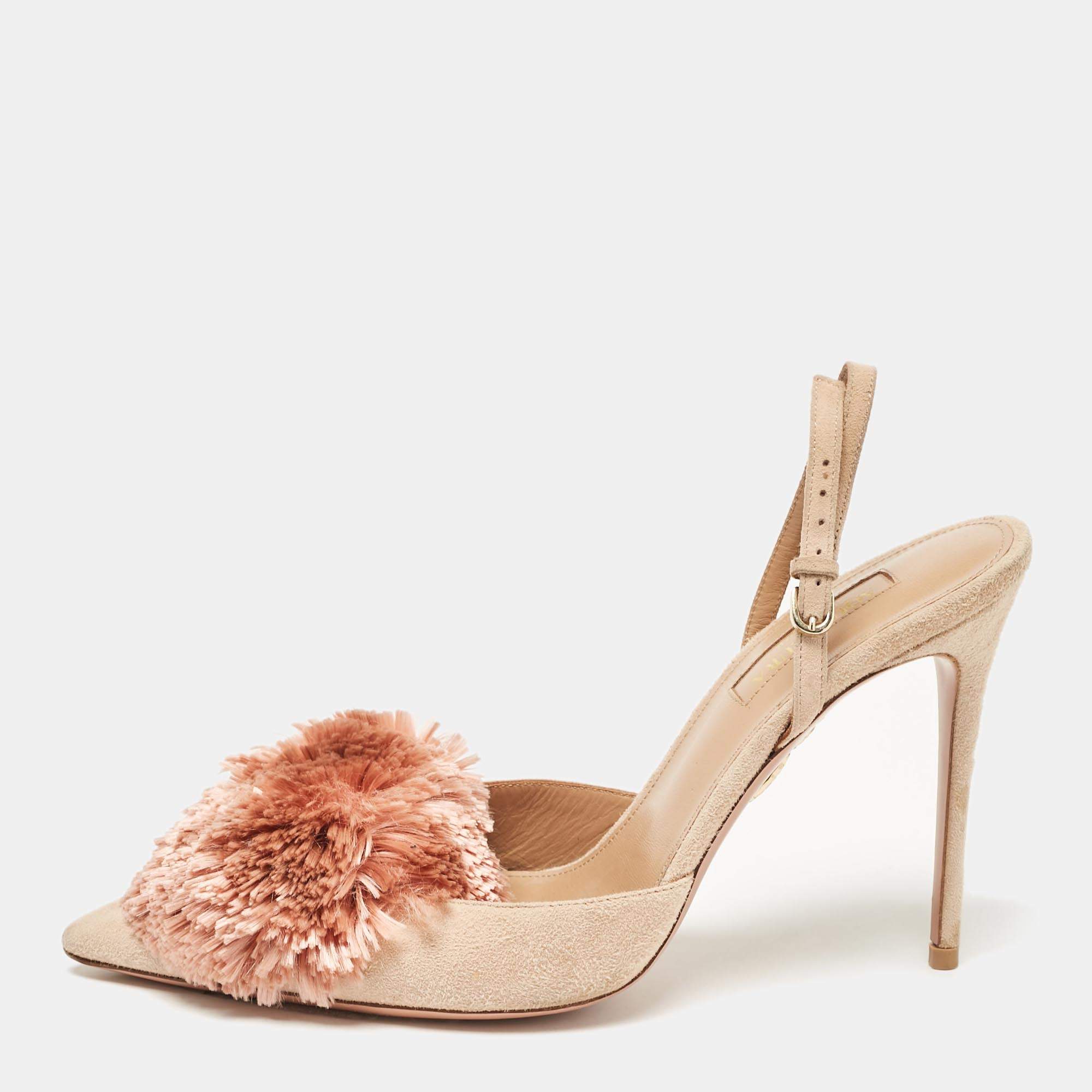 Aquazzura Beige Suede Powder Puff Pointed Toe Slingback Sandals Size 38