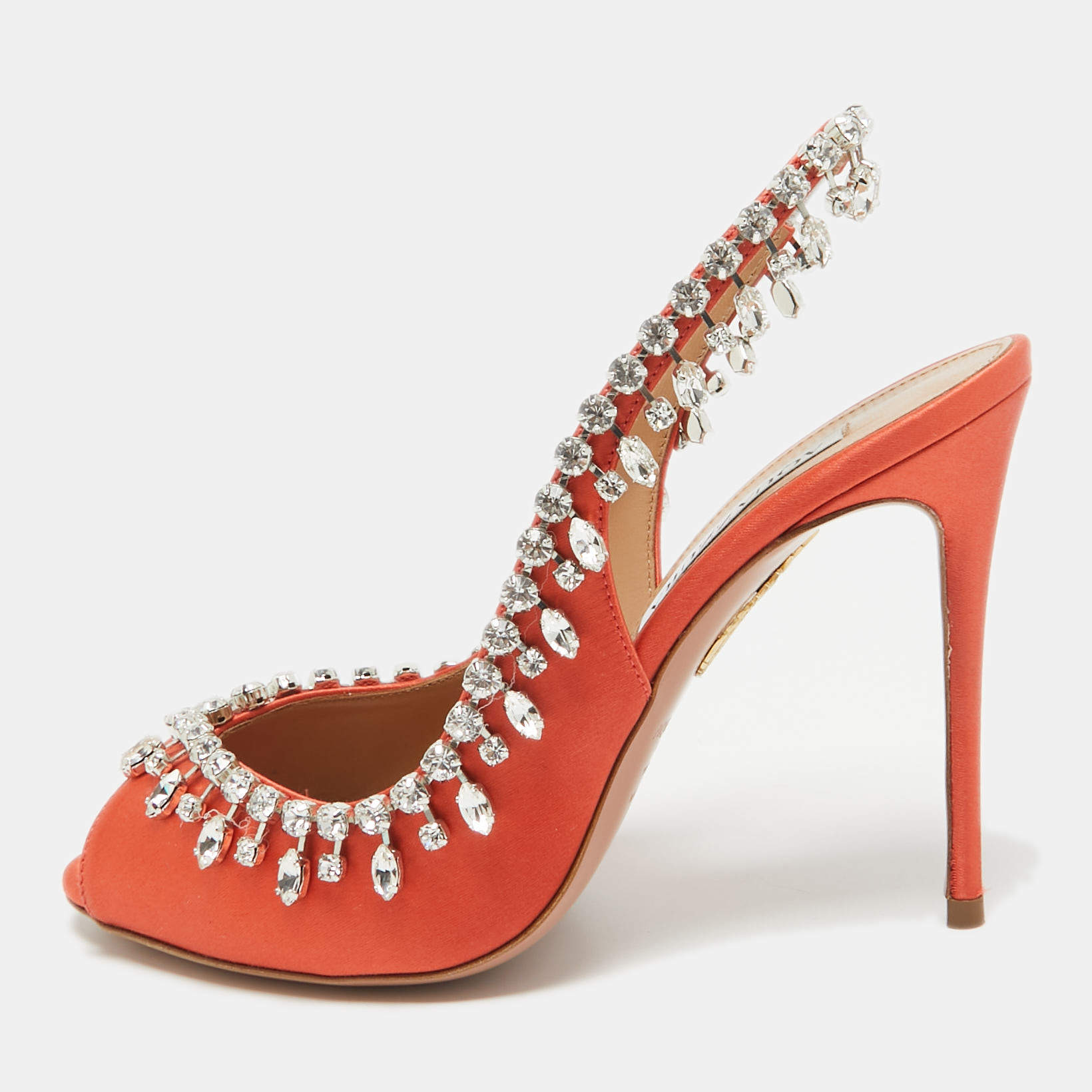 Aquazzura Orange Satin Crystal Embellished Temptation Peep Toe Pumps Size 37