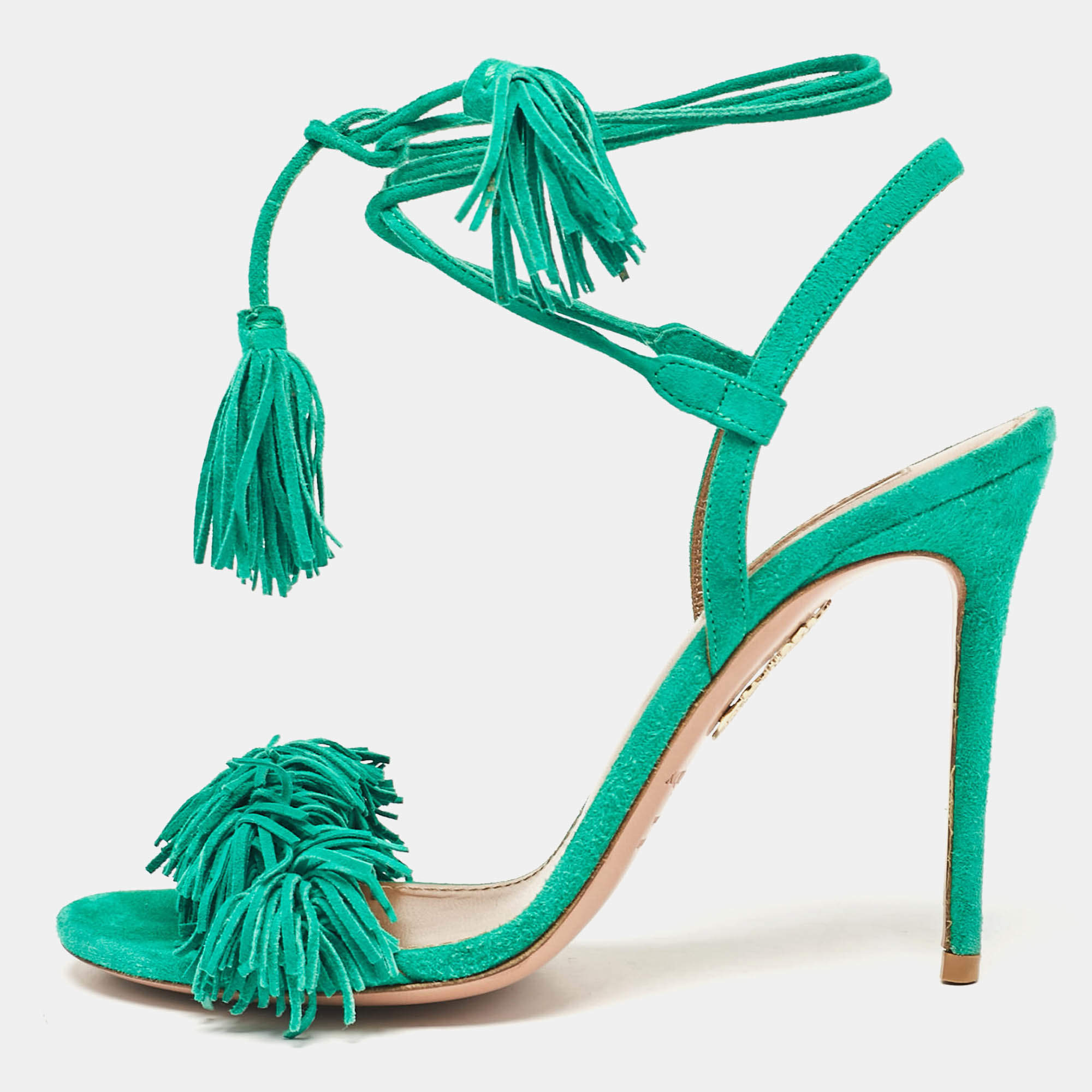 Aquazzura Green Suede  Fringed Wild Thing Ankle Strap Sandals Size 36