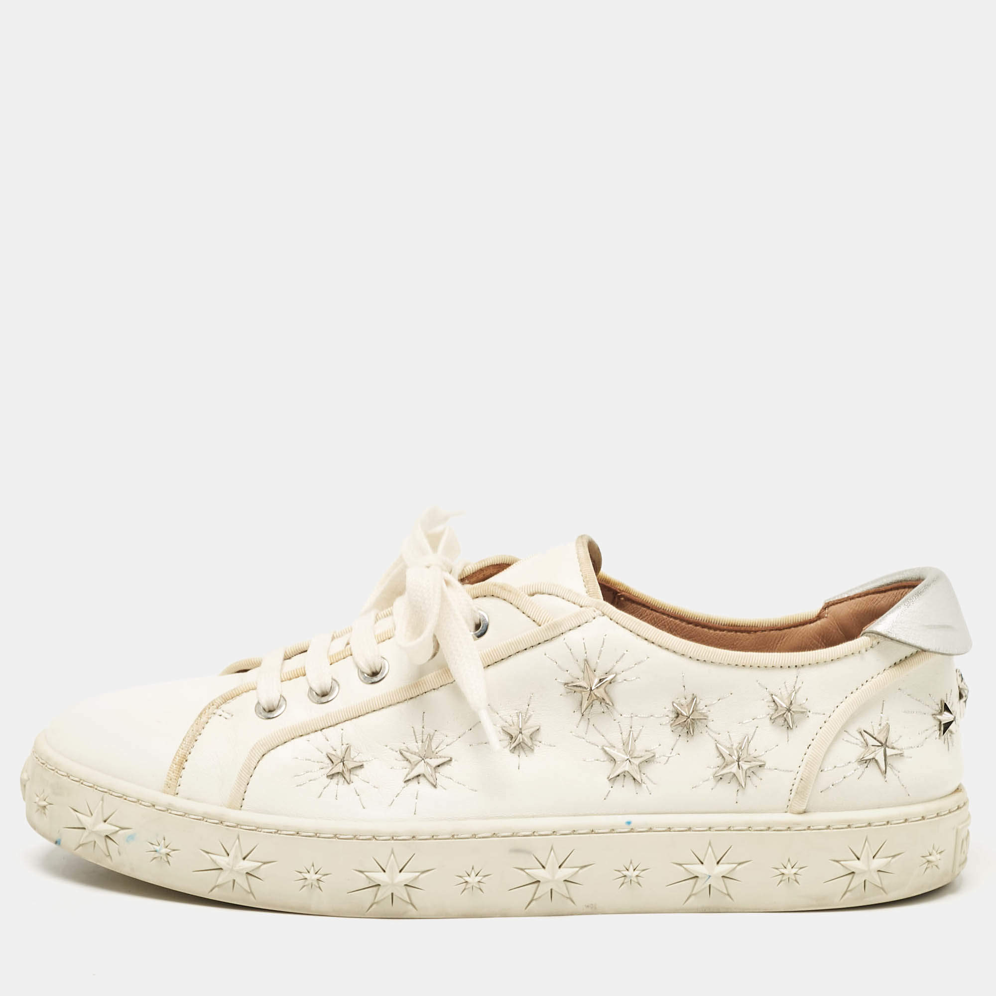 Pre Owned Aquazzura White/Silver Leather Cosmic Star-Stud Low Top Sneakers Size 40.5