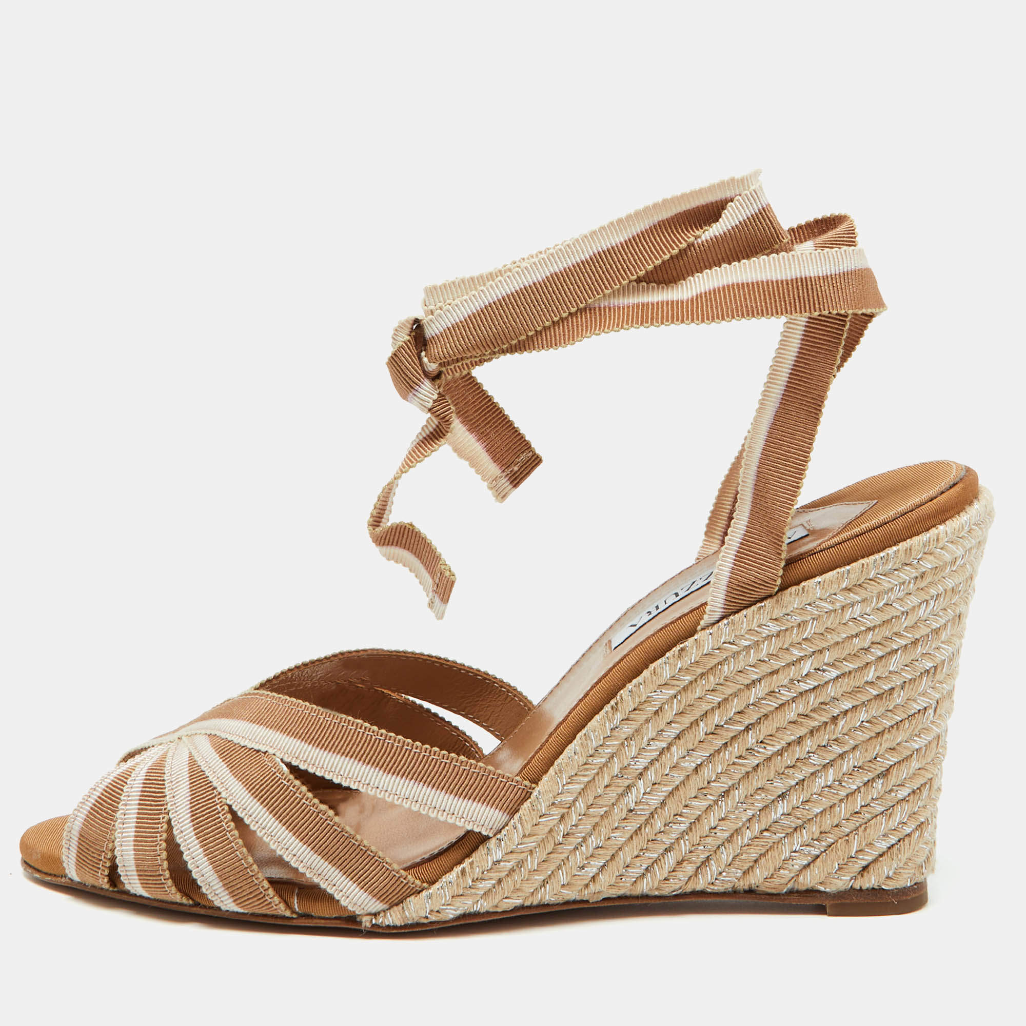 Pre Owned Aquazzura Beige Fabric Marinaia Espadrille Wedge Sandals Size 40