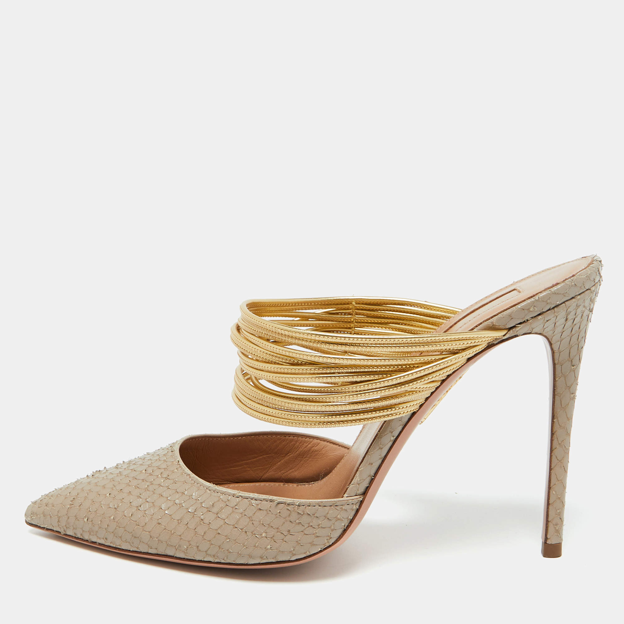 Aquazzura Beige/Gold Snakeskin Embossed Leather Rendez Vous Mules Size 38.5