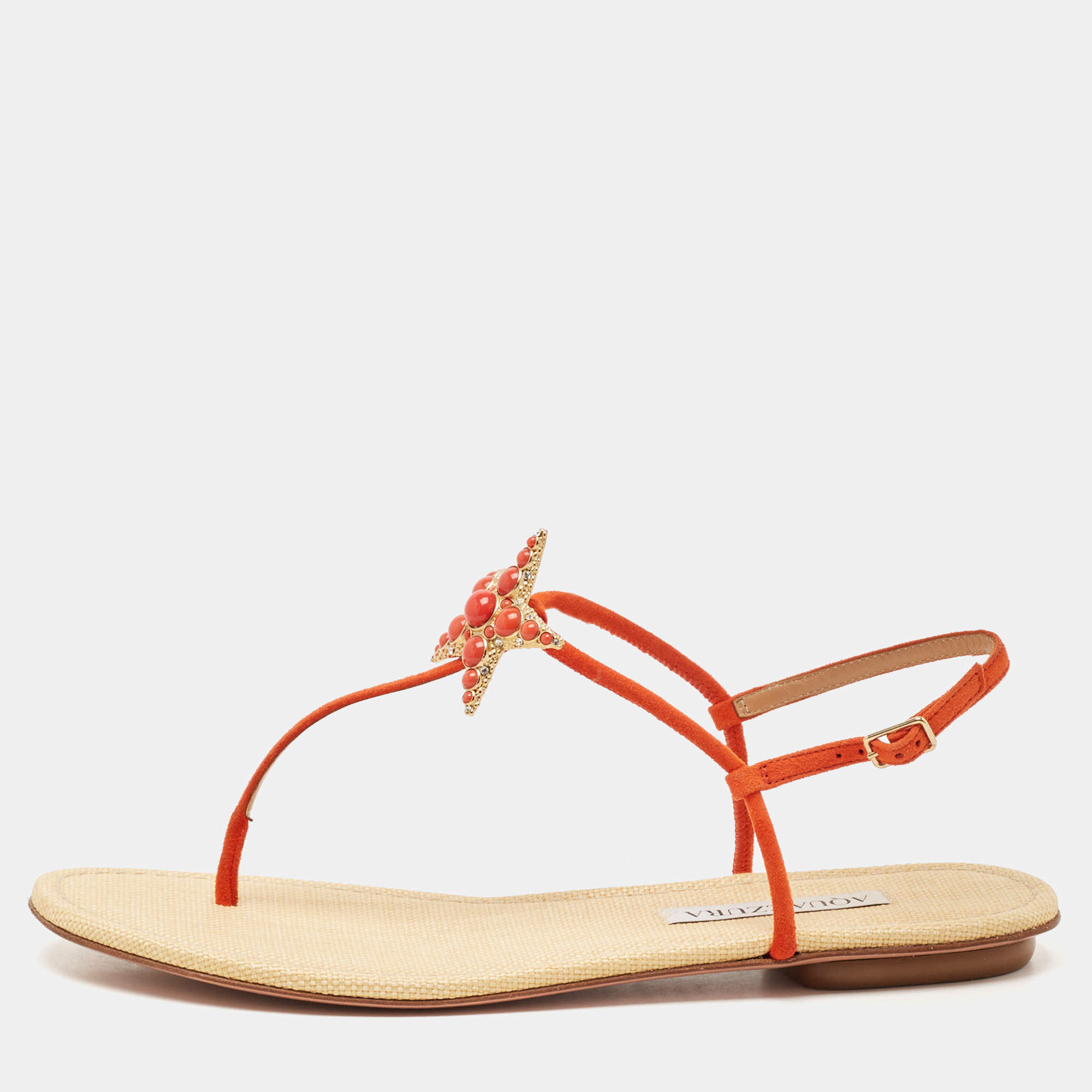 Aquazzura Orange Suede Star Embellished Slingback Sandals Size 39