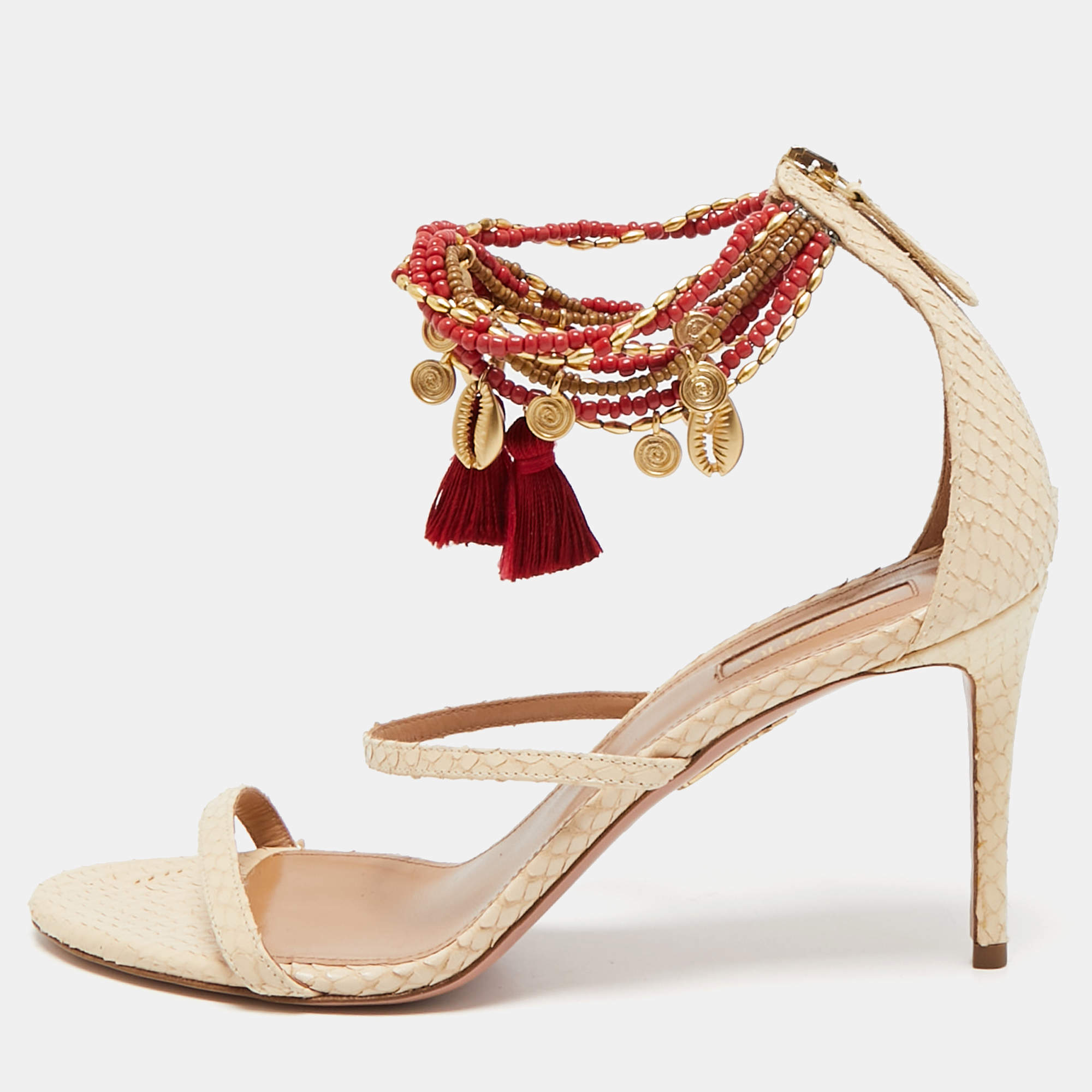 Aquazzura Beige Python Embossed Leather India Ankle Strap Sandals Size 39
