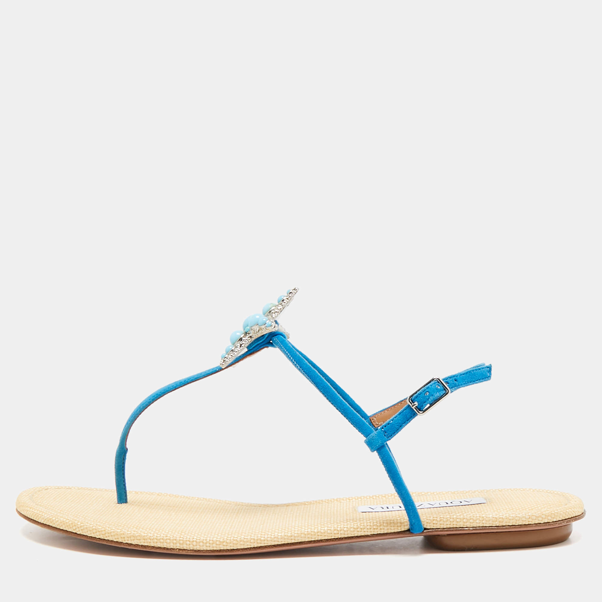 Aquazzura Blue Suede Seastar Thong Sandals Size 39