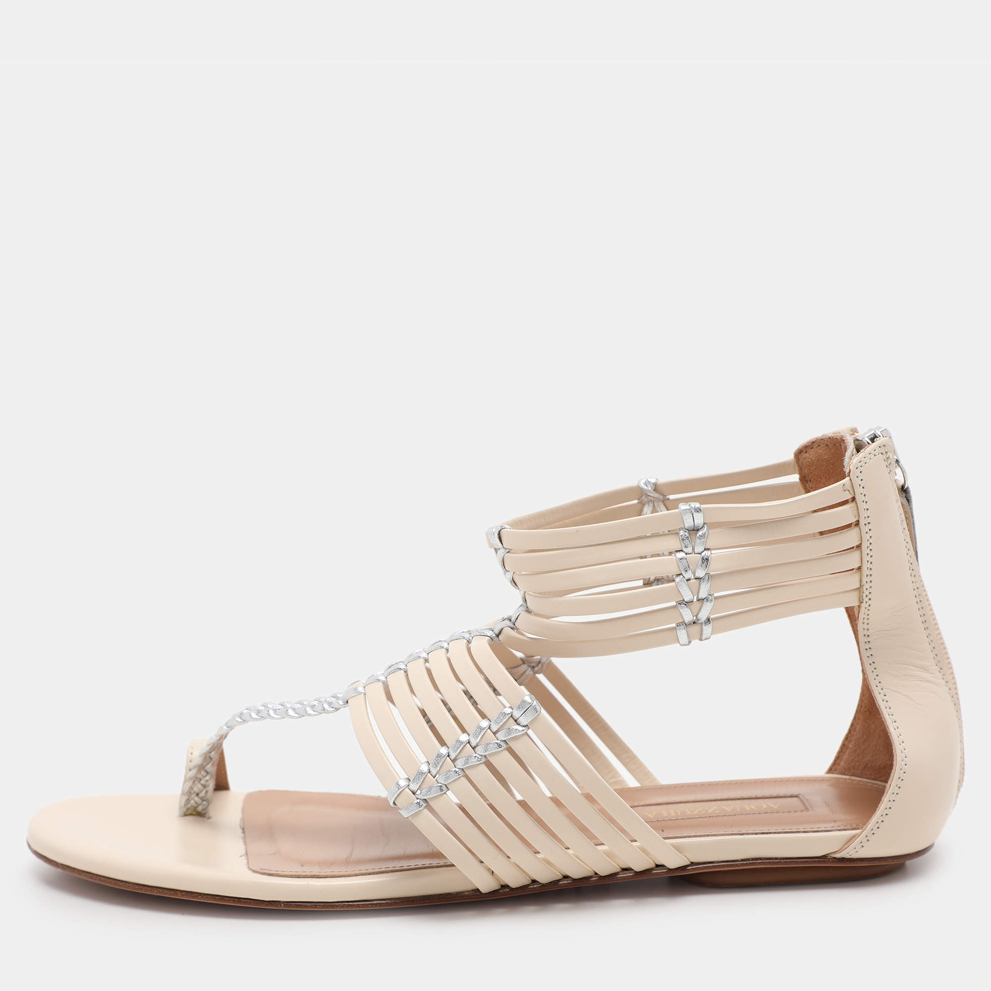 Aquazzura Beige/Silver Leather Ravello Gladiator Toe-Ring Flat Sandals Size 36.5