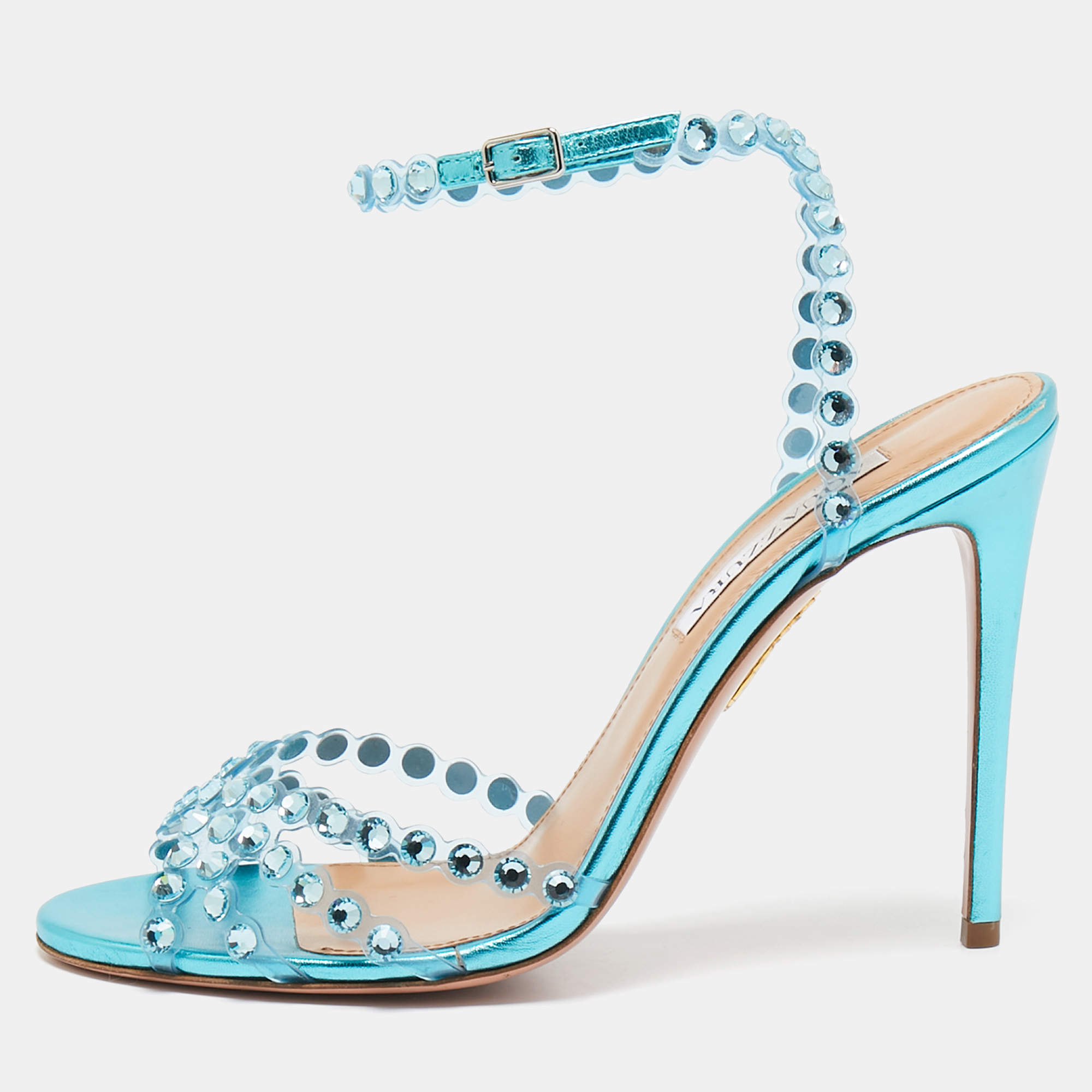 Pre Owned Aquazzura Transparent/Metallic Aqua PVC and Leather Dance Plexi Sandals Size 38.5
