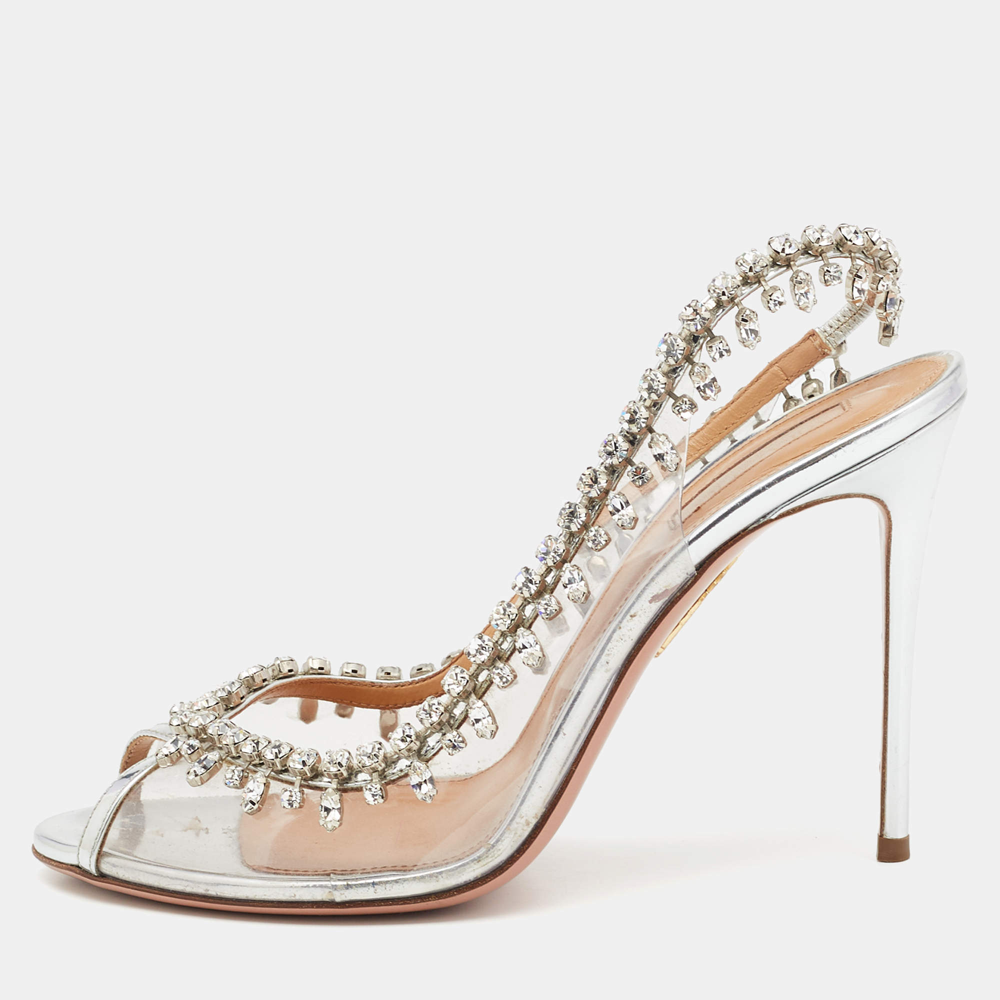 Pre Owned Aquazzura Silver PVC And Leather Temptation Crystal Sandals Size 39.5