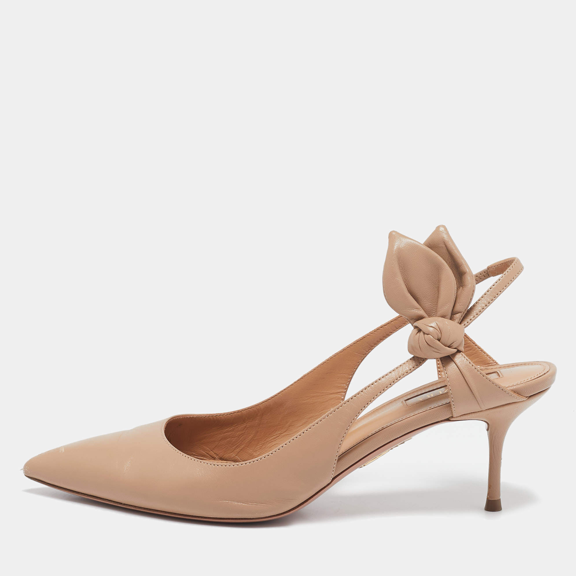 Aquazzura Beige Leather Deneuve Bow Tie Pumps Size 37