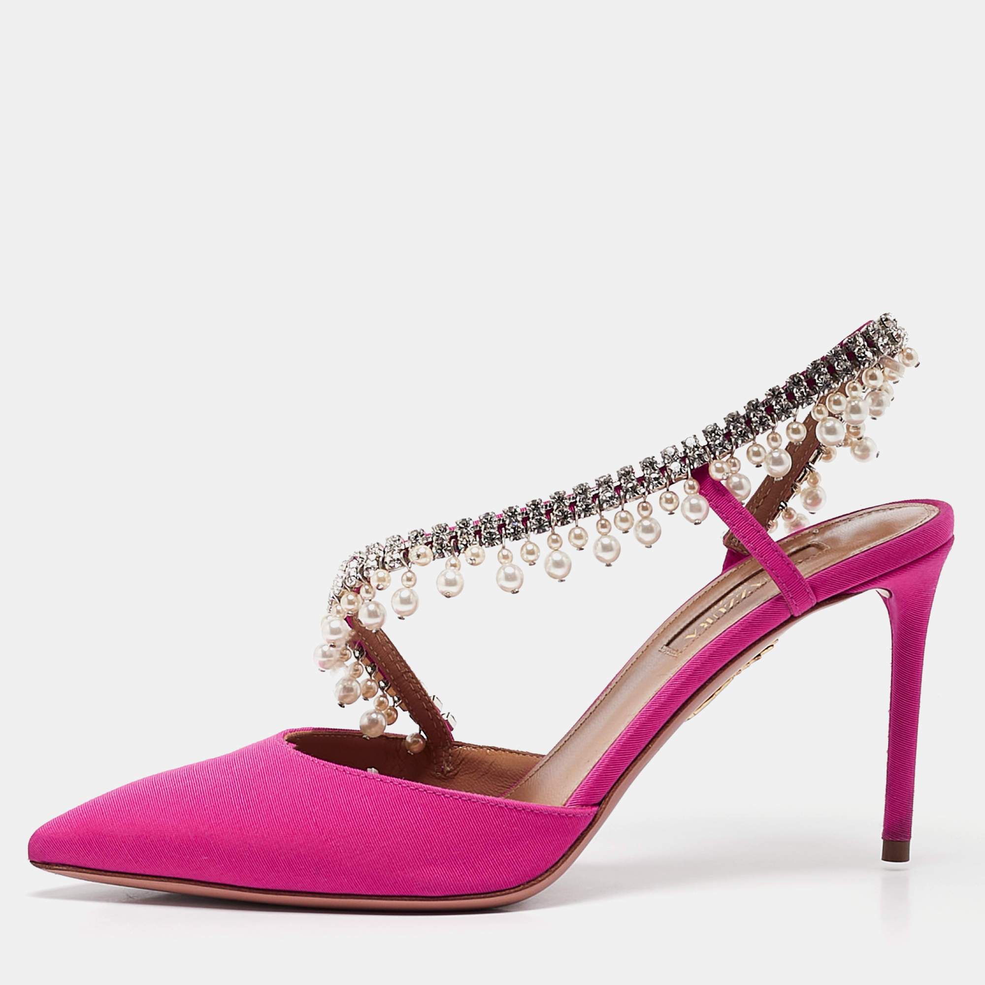 Aquazzura Pink Fabric Crystal Embellished Slingback Pumps Size 36