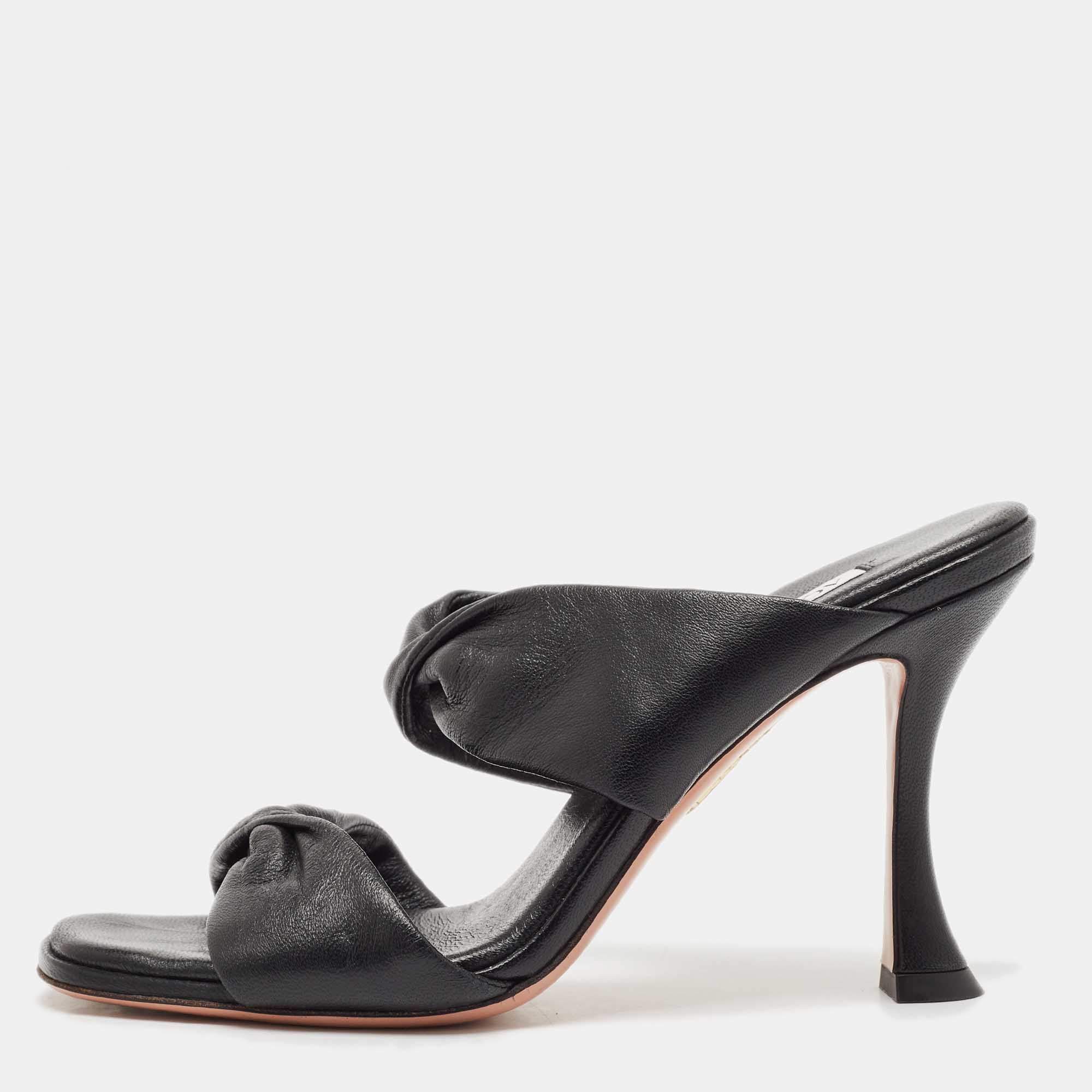 Aquazzura Black Leather Slide Sandals Size 37.5
