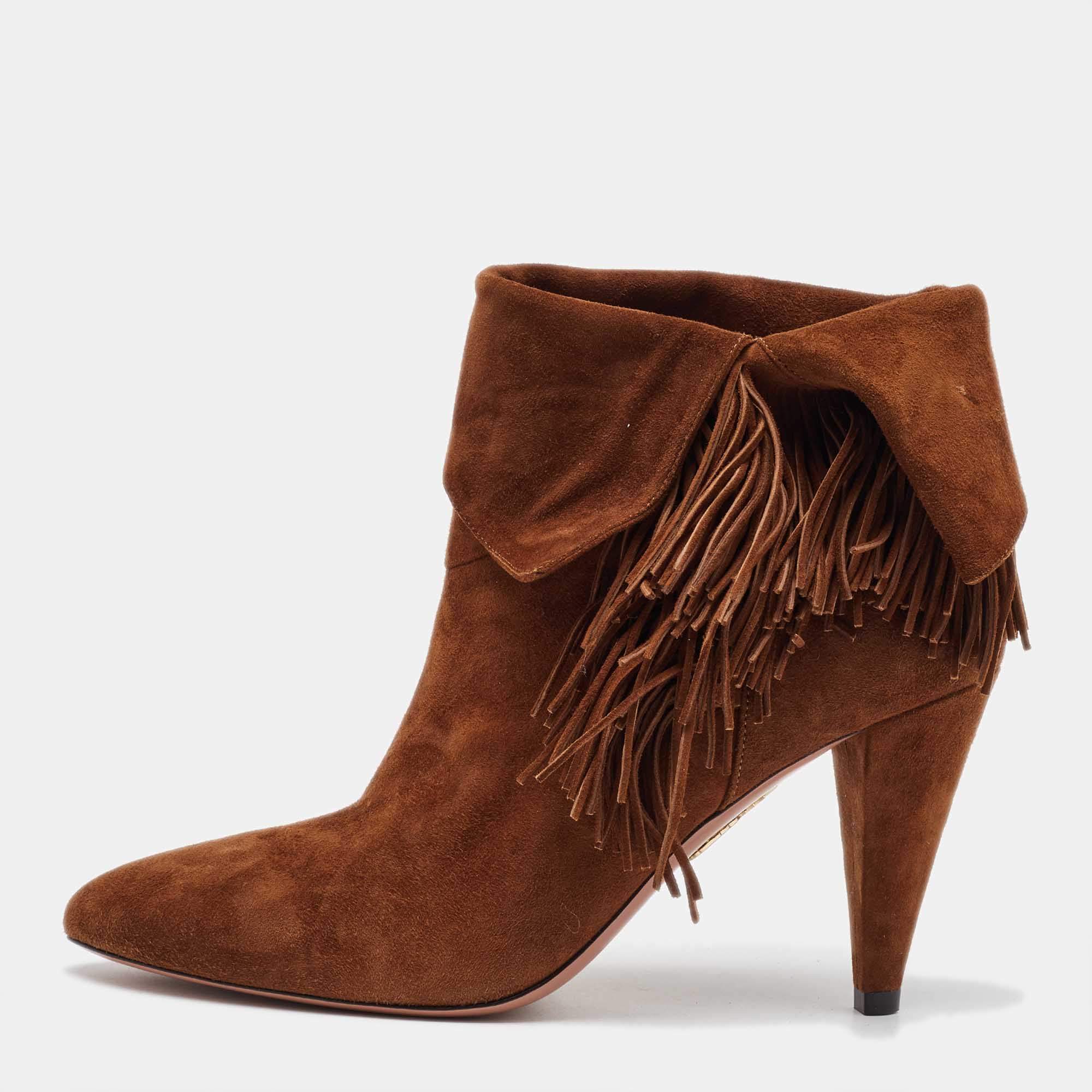 Aquazzura Brown Suede Fringe Detail Ankle Length Boots Size 38.5