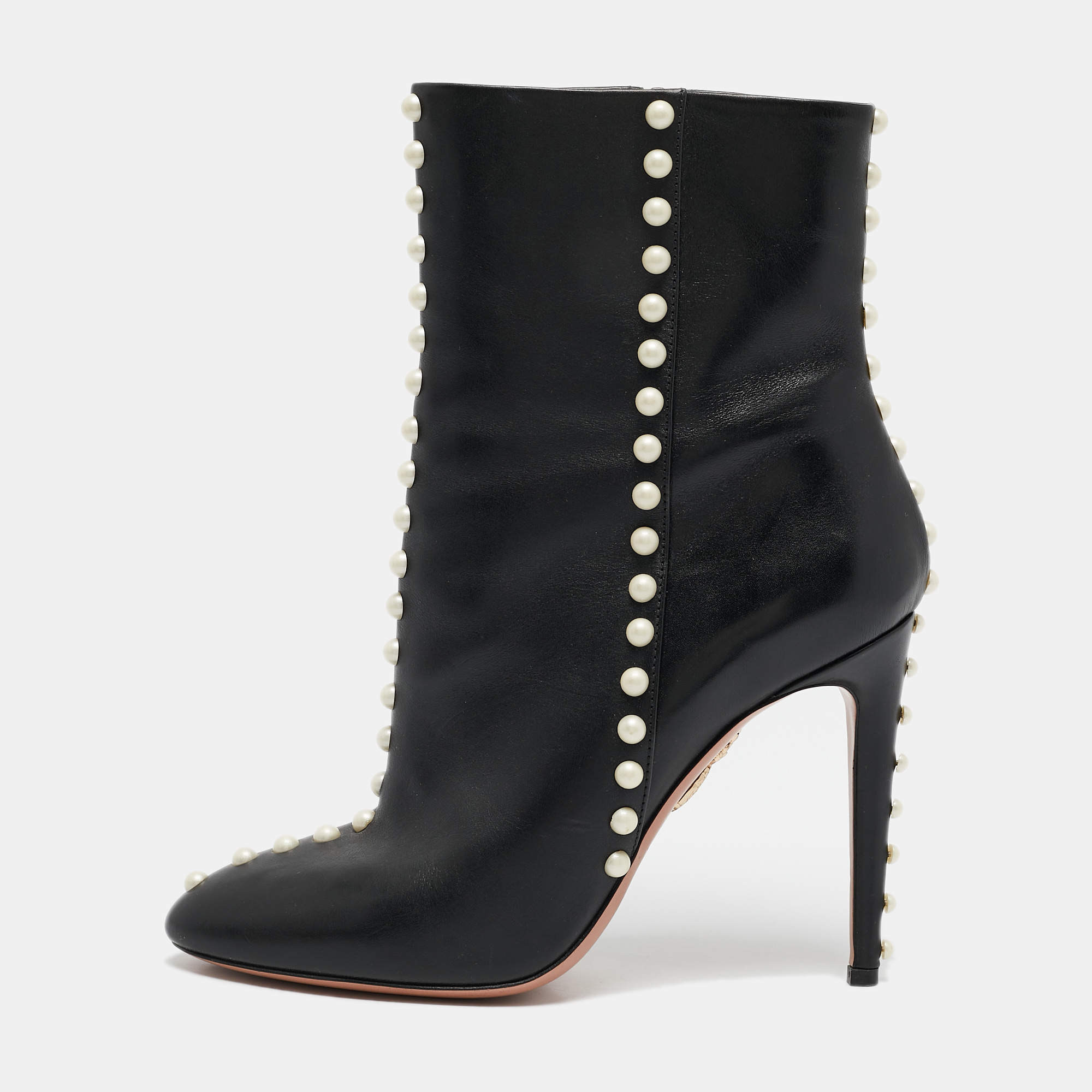 Pre Owned Aquazzura Black Leather Follie Pearls Ankle Boots Size 38.5