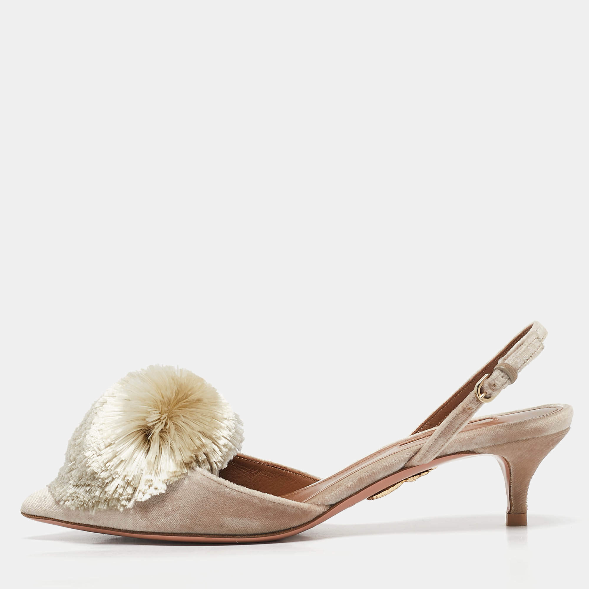 Aquazzura Light Grey Velvet Powder Puff Slingback Pumps Size 36