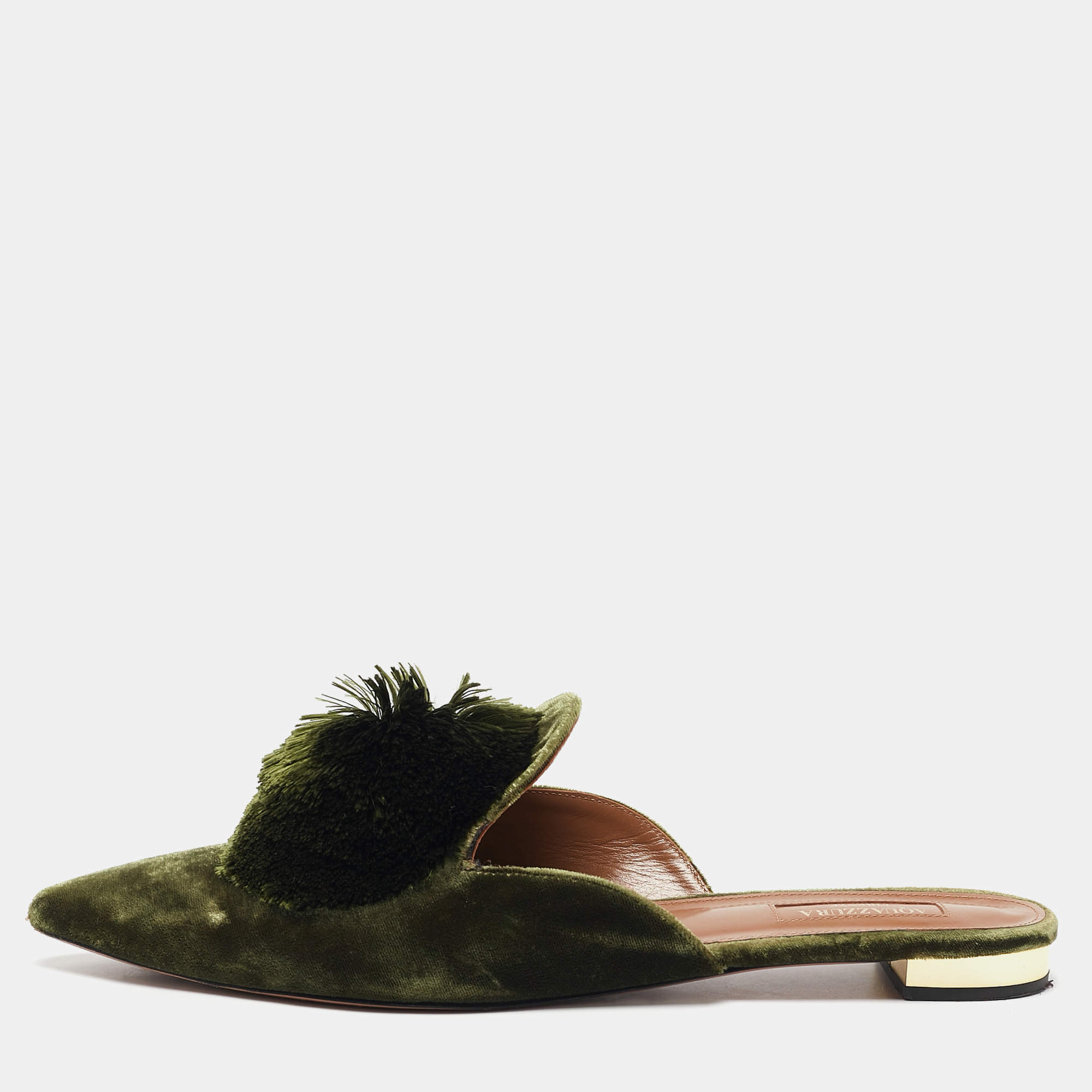 Pre Owned Aquazzura Green Velvet Powder Puff Mules Size 41